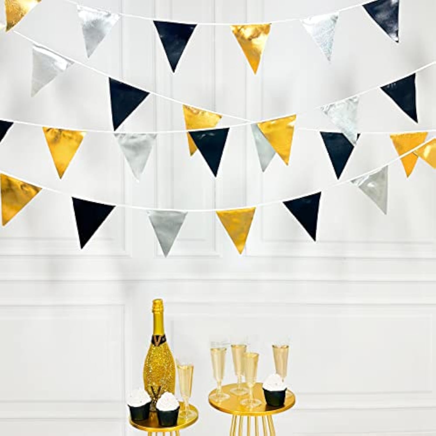Black Gold Silver Party Decoration Triangle Pennant Banner Flag Metallic Fabric Bunting Garland For Birthday Graduation Anniversary Wedding Bridal Shower Bachelorette Engagement Disco Party Supplies
