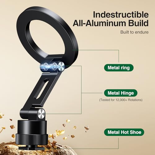 Magnetic Magsafe Tripod Phone Mount Holder, Foldable Phone Holder for Tripod Attachment with 1/4 Screw & Cold Shoe, All Aluminum iPhone Mount Adapter