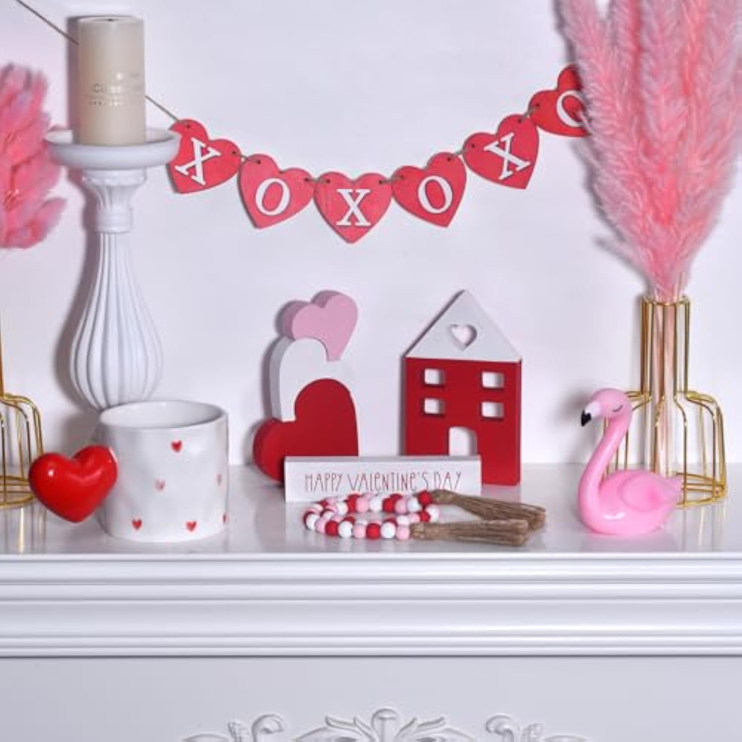 6-Piece Wooden Valentine'S Day Decor Set: Heart & House Table Decorations With Wood Bead Garland, Happy Valentine'S Day Decor For The Home Mantels (White, Pink, Red)