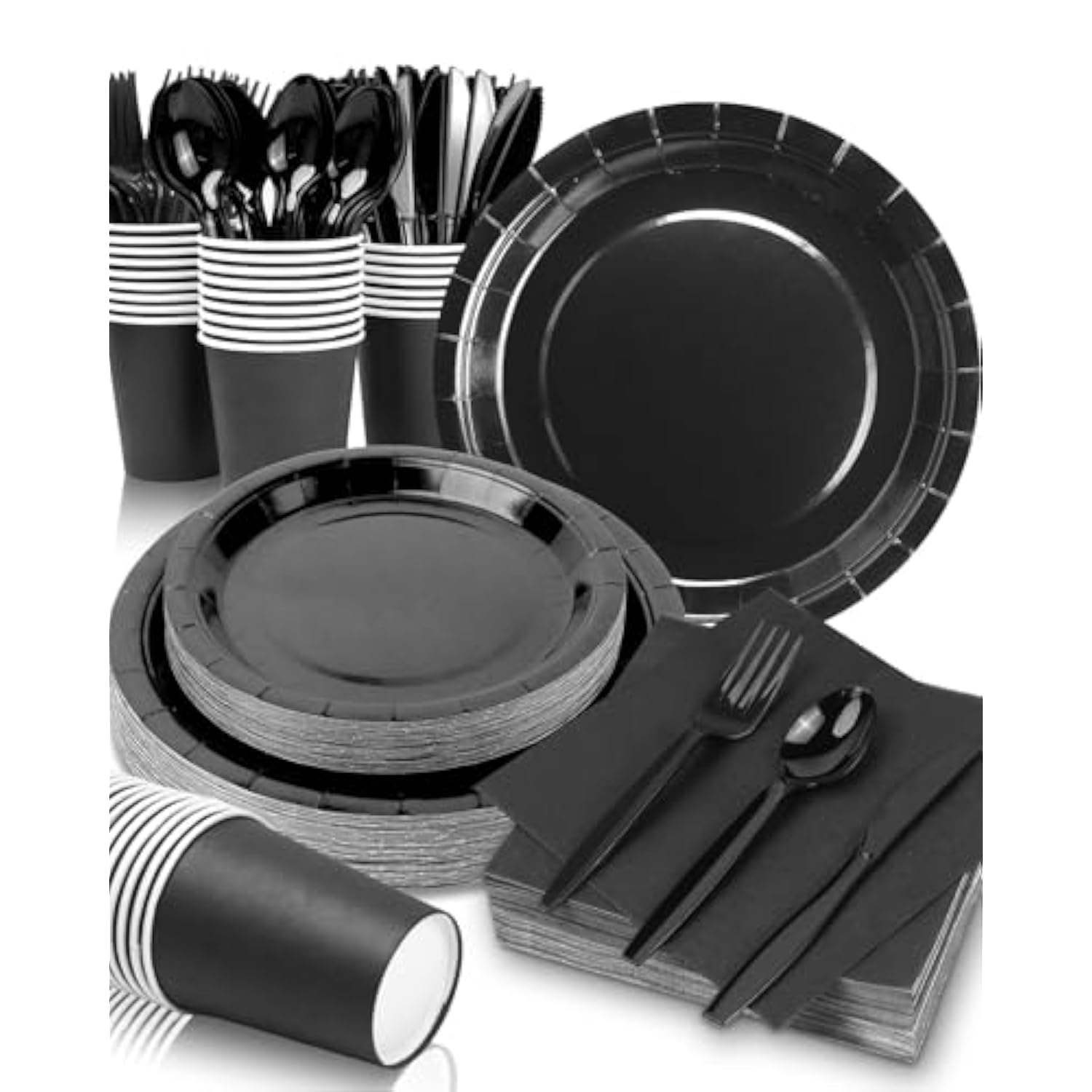 Black Party Supplies Set 224 Pieces Of Black Paper Plates, Cups, Napkins, And Heavy Duty Plastic Spoons Forks Knives For 32 Guests For Birthday, Graduation, Wedding, Festivals
