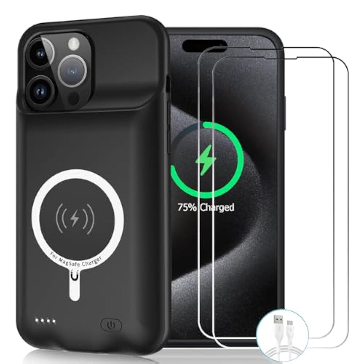 Wireless Charging Case For Iphone 15 Pro Max, 12000Mah High Capacity Portable Rechargeable Battery Case Qi Wireless Charging With Iphone 15 Pro Max (6.7 Inch) Extended Battery Charger Case (Black)