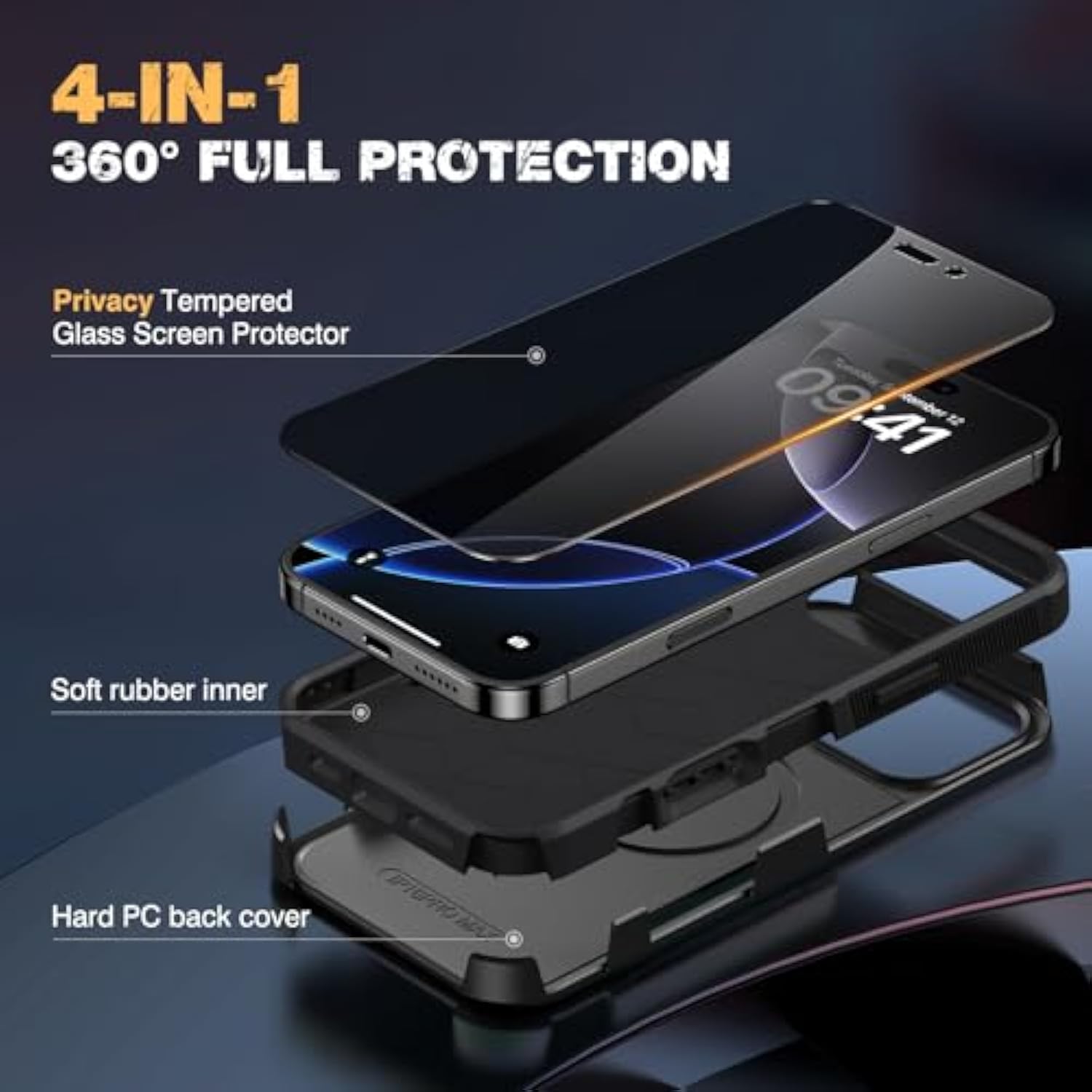 Designed For Iphone 16 Pro Max Case, [With Privacy Screen Protector] [Anti Spy] [Military Grade Drop Protection] Heavy Duty Full-Body Shockproof Phone Case, Magnetic Black