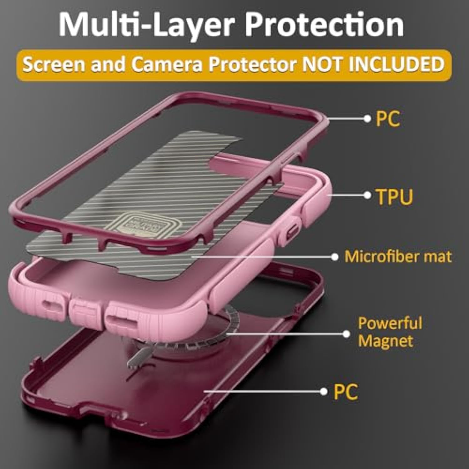 For Iphone 15 Pro Max Case, Compatible With Magsafe,Heavy Duty Shockproof Protective Cover,Dual Layer Magnetic Phone Case,Anti-Scratch Anti-Fingerprint Matte Two-Tone Design,6.7",Purple Pink