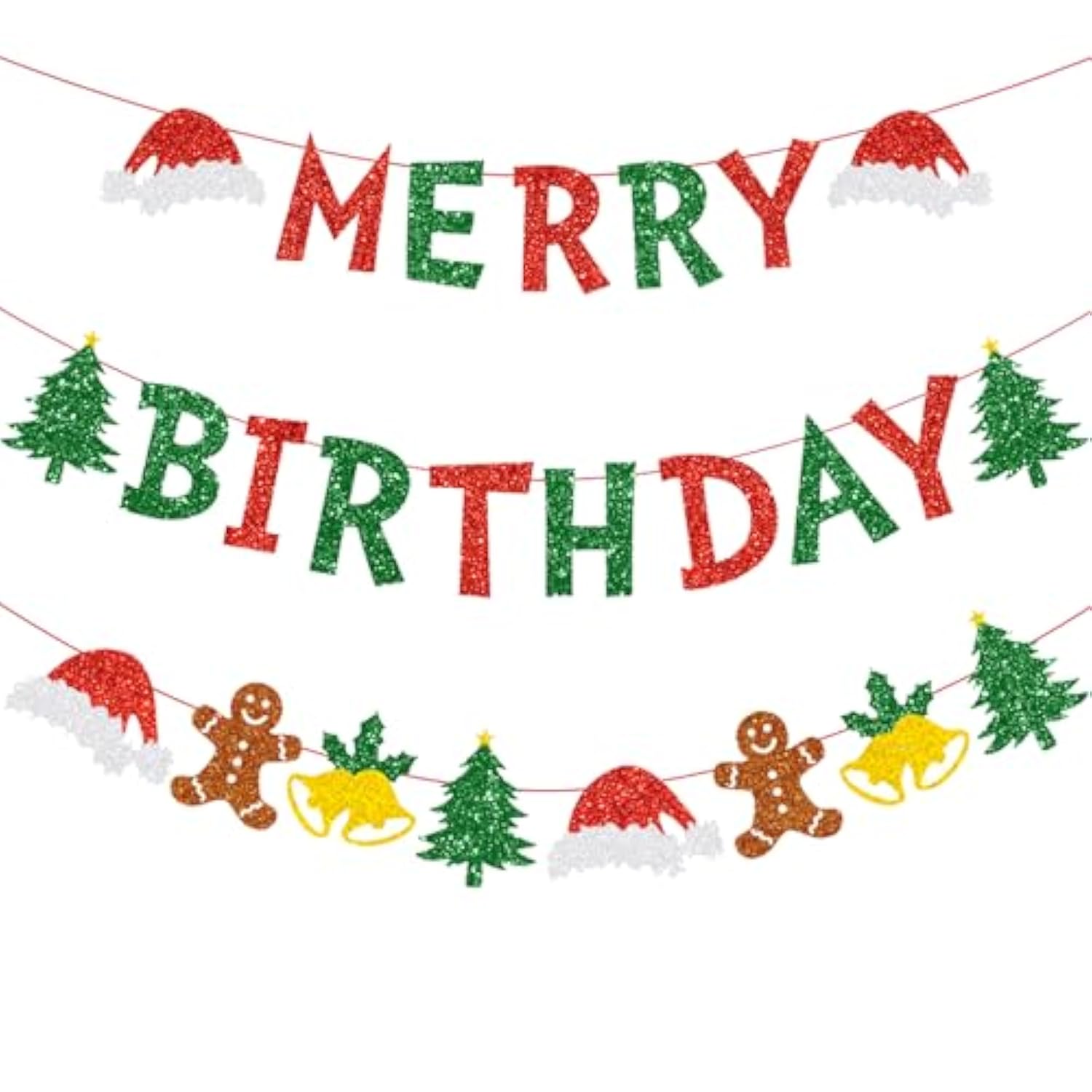 Merry Christmas Birthday Party Decorations Red Green Banner Hanging Paper Tree Gingerbread Man Bells Hat Sign For Xmas Wall Home Garden Outdoor Accessories Supplies