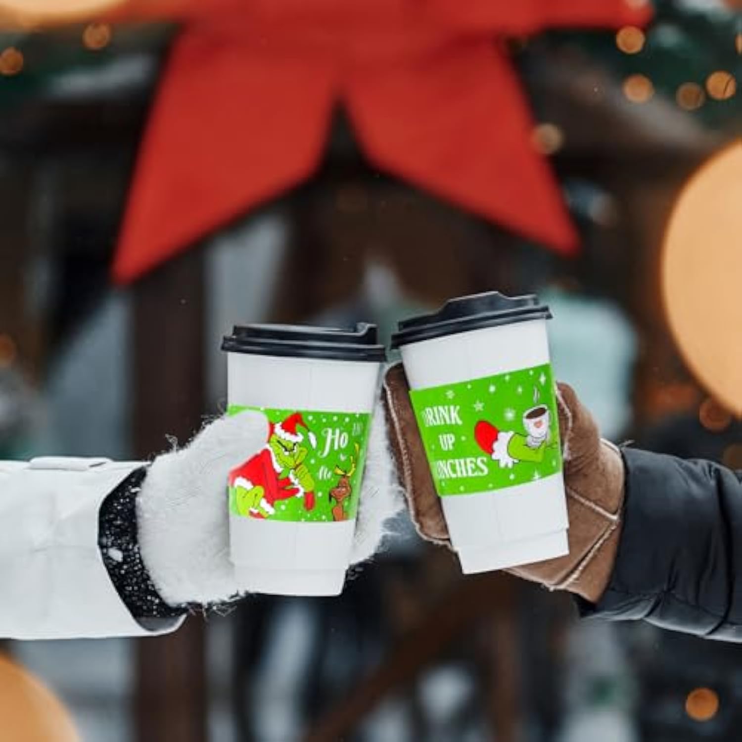 48 Pcs Christmas Coffee Tea Cup Sleeves Green Cartoon Character Christmas Cup Sleeves For 12 & 16Oz Disposable Paper Cup For Christmas Party Hot Chocolate Cocoa Cold Beverage