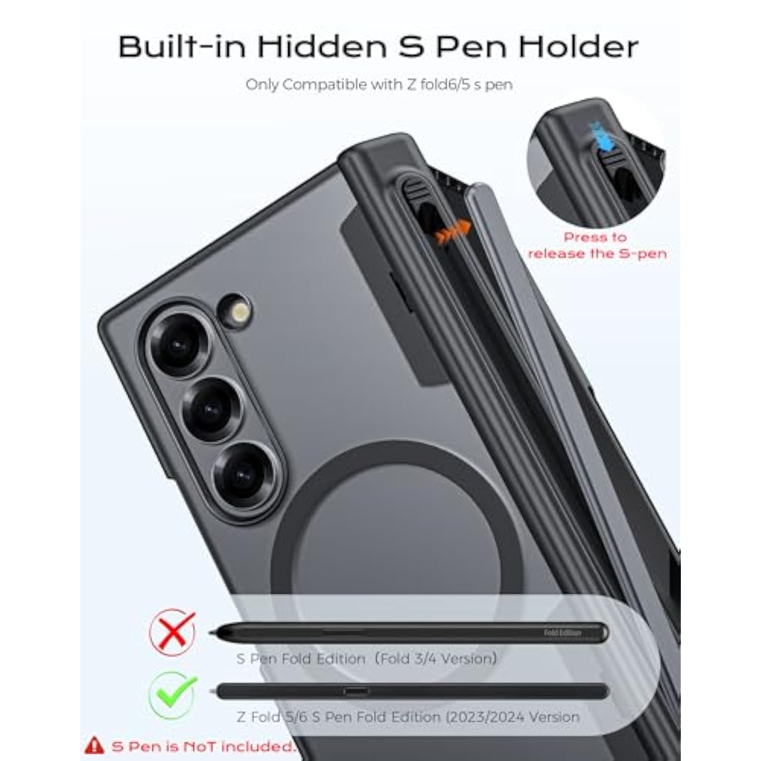 For Samsung Galaxy Z Fold 6 Case With Magsafe, [Built-In Privacy Screen Protection] [S Pen Holder & Hinge Cover] Translucent Matte Strong Magnetic Shockproof Case For Z Fold 6 (Matte Black)