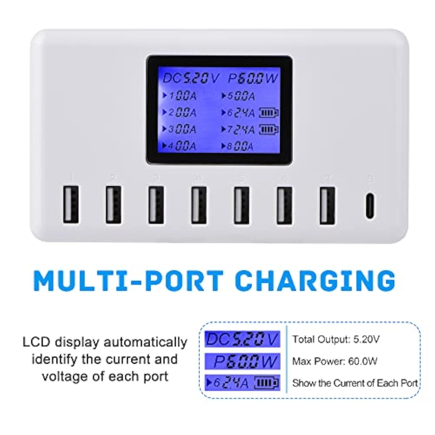 Usb Charger, 60W 12A 8-Port Usb Charging Station Multi Port Usb Hub Charger Compact Size Lcd Display Compatible With Iphone Ipad Samsung Kindle Tablet Bluetooth Earbuds And More