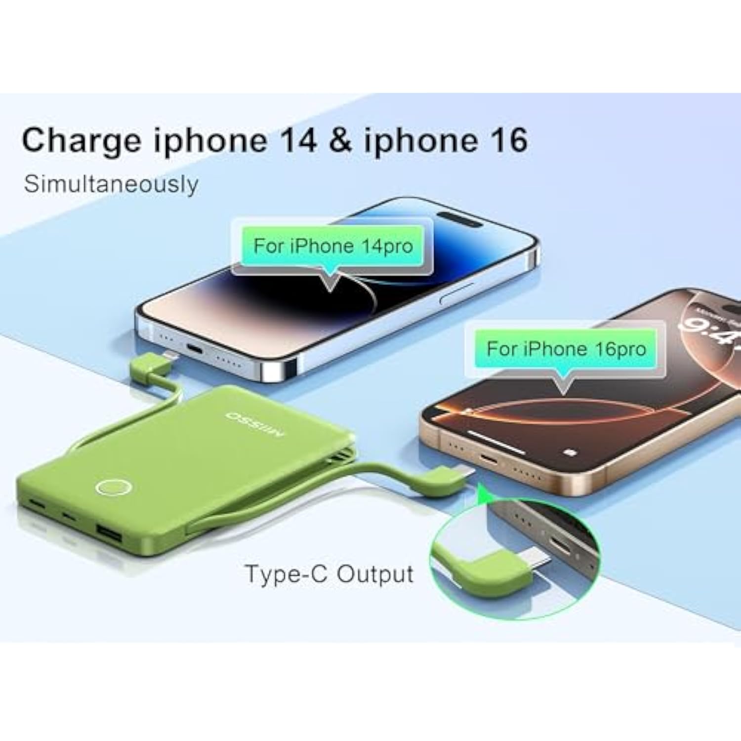 6000Mah Ultra Slim Built In Cables Power Bank, Card Size Built In Usb C Cords Battery Pack Portable Charger For Phones, 3 Output External Battery Pack Compatible With Iphone, Samsung, Google, Green