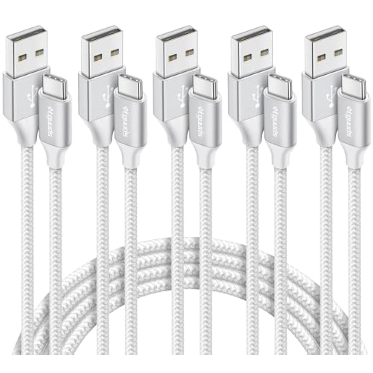 Usb A To Usb C Cable 5-Pack (3/3/6/6/10 Ft), Fast Charging Type C Charger Cord For Iphone 16 15 Pro/Pro Max/Plus, For Samsung Galaxy S24 S23 S22 S21 S20 S10 A55 A54 Flip, Pixel, Moto G, White