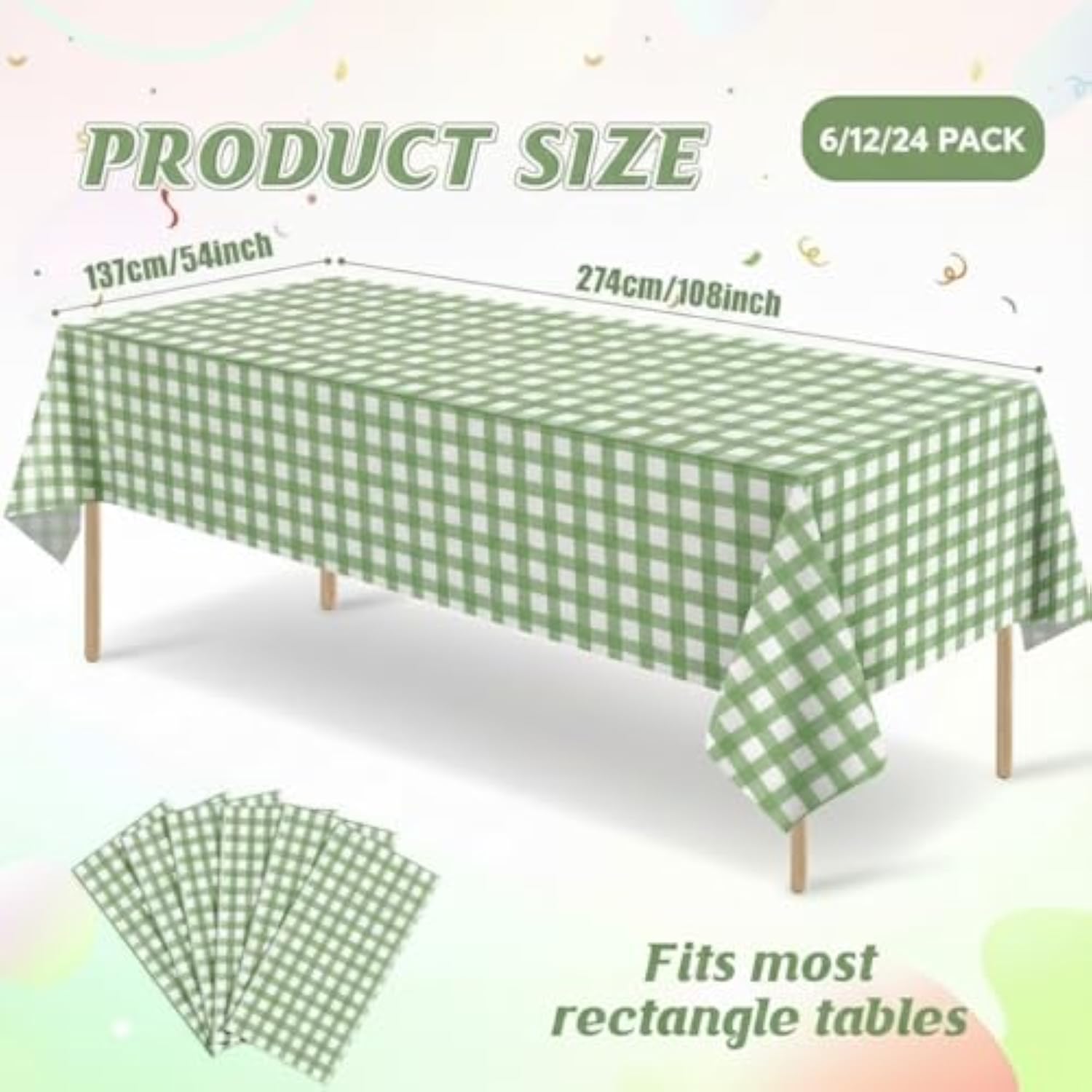 24 Pcs Sage Green Gingham Disposable Tablecloth 54x108in for Parties