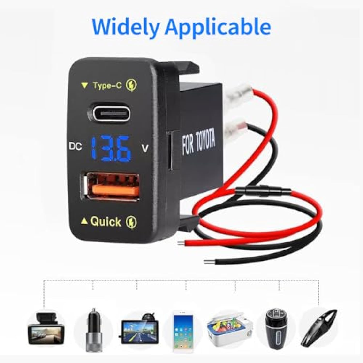 Car Charger Dual 18W Usb Pd+Qc3.0 Fast Charge For Toyota, Type C Usb Car Power Socket With Led Voltmeter Display, Compatible With 12/24V Cars(1.6 * 0.9Inch)