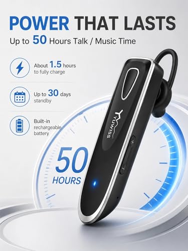 Bluetooth Earpiece for Cell Phone with Mic Wireless in Ear Earbud Headphones Car Headset with 50 Hours Noise Canceling Hands Free Calling Compatible