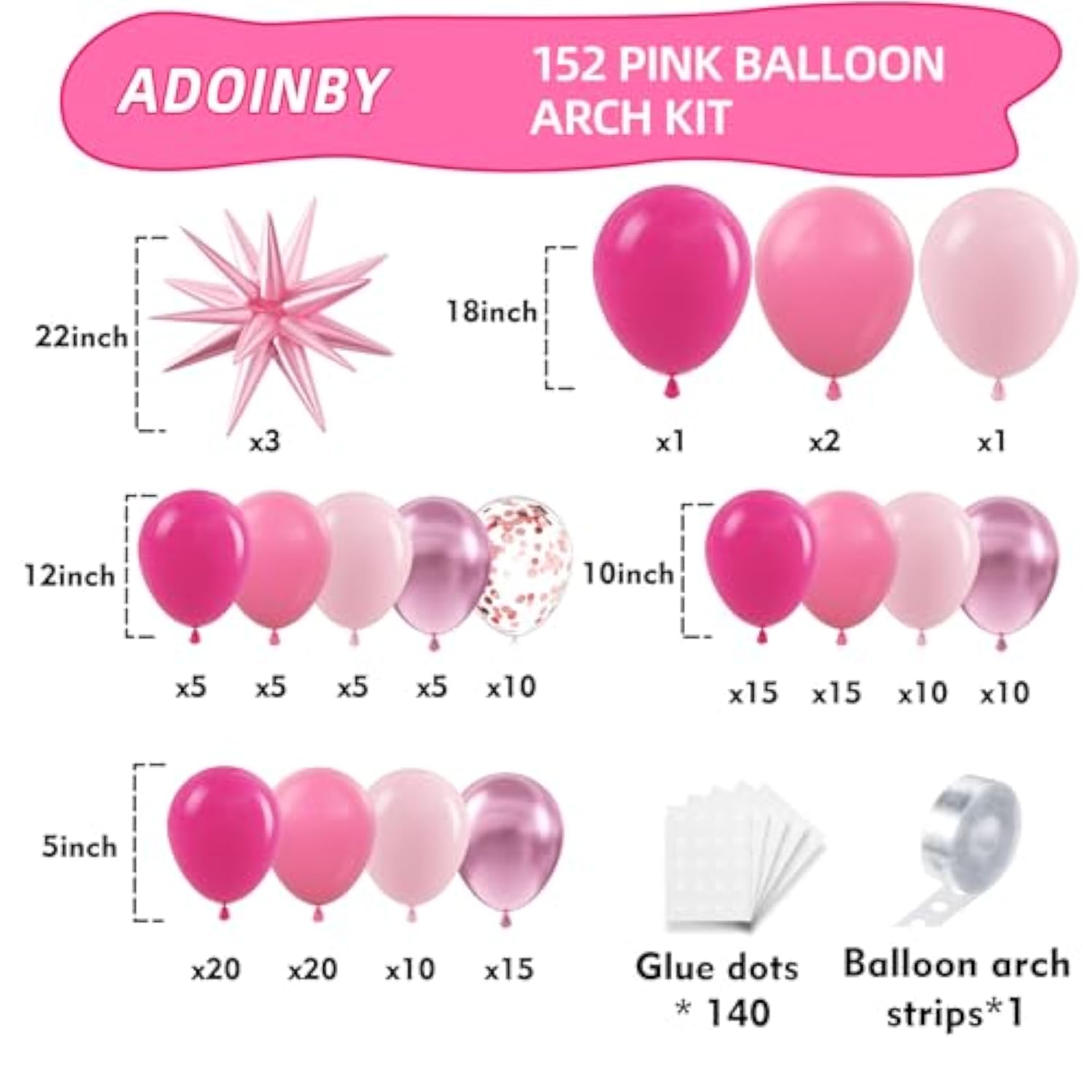 Pink Balloon Arch Kit, 152Pcs Hot Pink Metallic Pink Shades Of Pink And Confetti Balloon Garland Kit, Different Size Balloons For Girl Birthday Baby Shower Princess Wedding Party Decorations