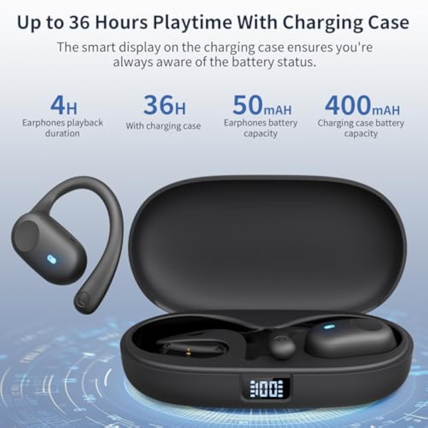 Open Ear Headphones, Bluetooth Headphones 5.3 Sports With Smart Digital Display, 36H Playtime, Ip54 Waterproof, Wireless Earbuds Lightweight Design Fit Cycling, Running, Workout (Black)