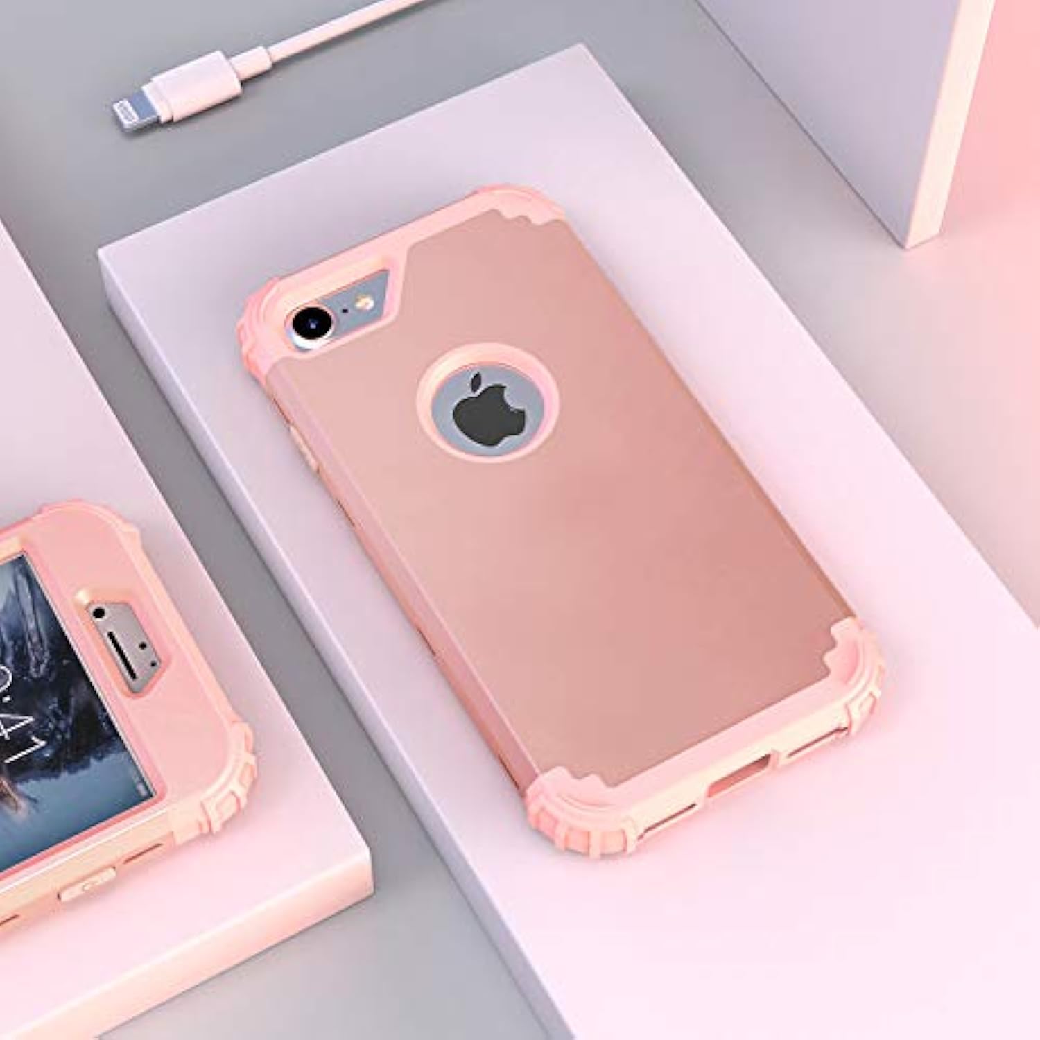 For 8 Case With Tempered Glass Screen Protector, For 7 Case, 3 In 1 Shockproof Slim Hybrid Heavy Duty Hard Pc Cover Soft Silicone Bumper Full Body Case, Rose Gold