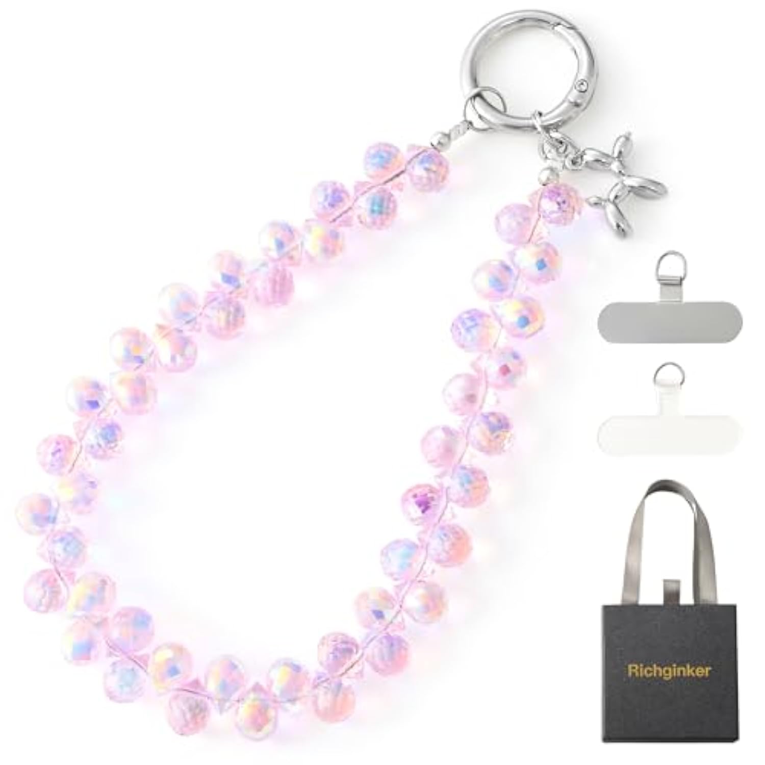 Crystal Beaded Phone Wrist Strap Keychain Lanyard Pink AB for Women