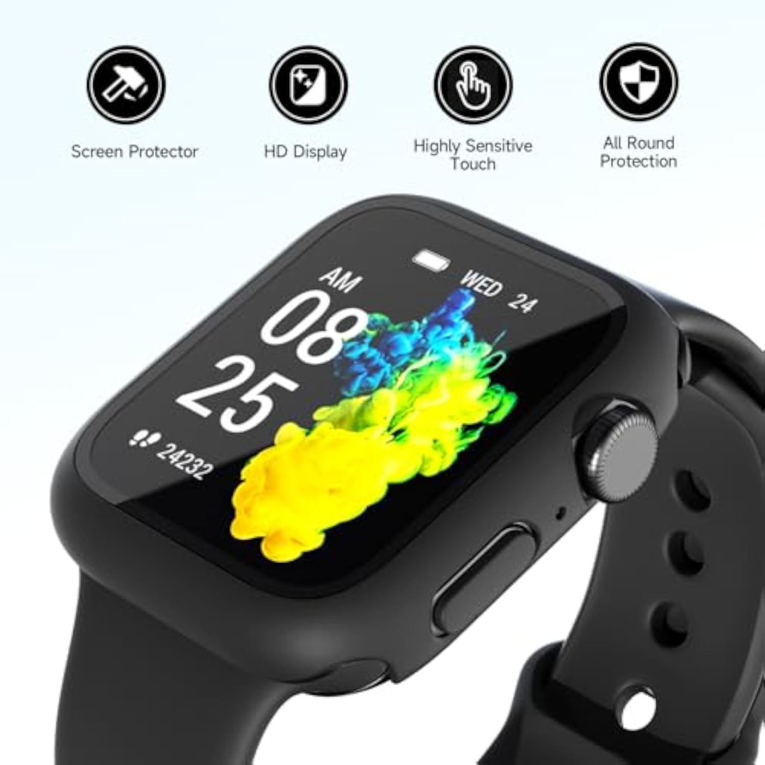 2 Pack Tempered Glass Case Compatible for Apple Watch, Hard PC Screen Protector Overall Protection Lightweight Scratch Resistant (Black, 44mm)