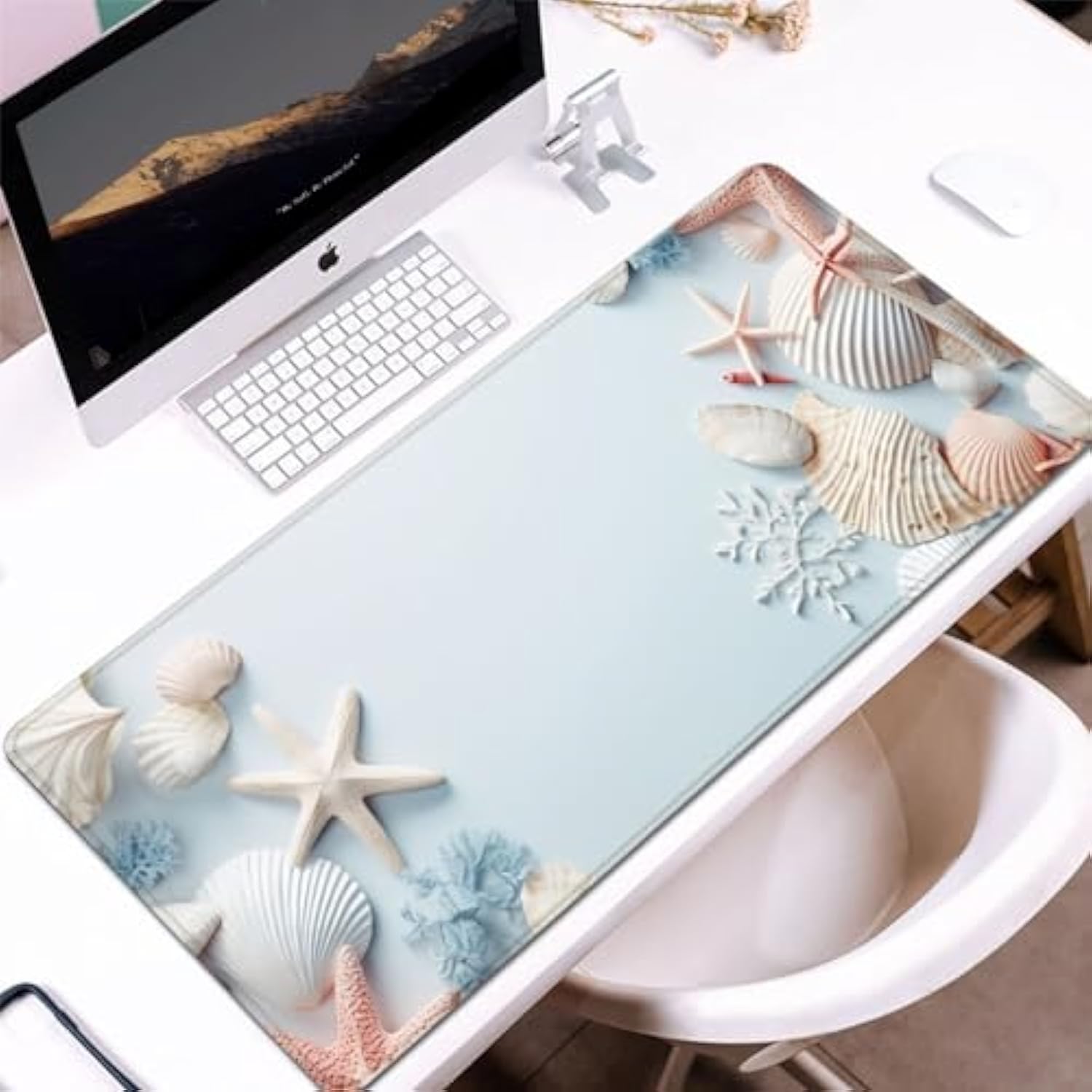 Large Mouse Pad,Edge Stitched Mousepad,Non-Slip Laptop Desk Mat, Desk Writing Pad For Office And Home,31.5 X 13.8 Inch - Blue Shells Starfish