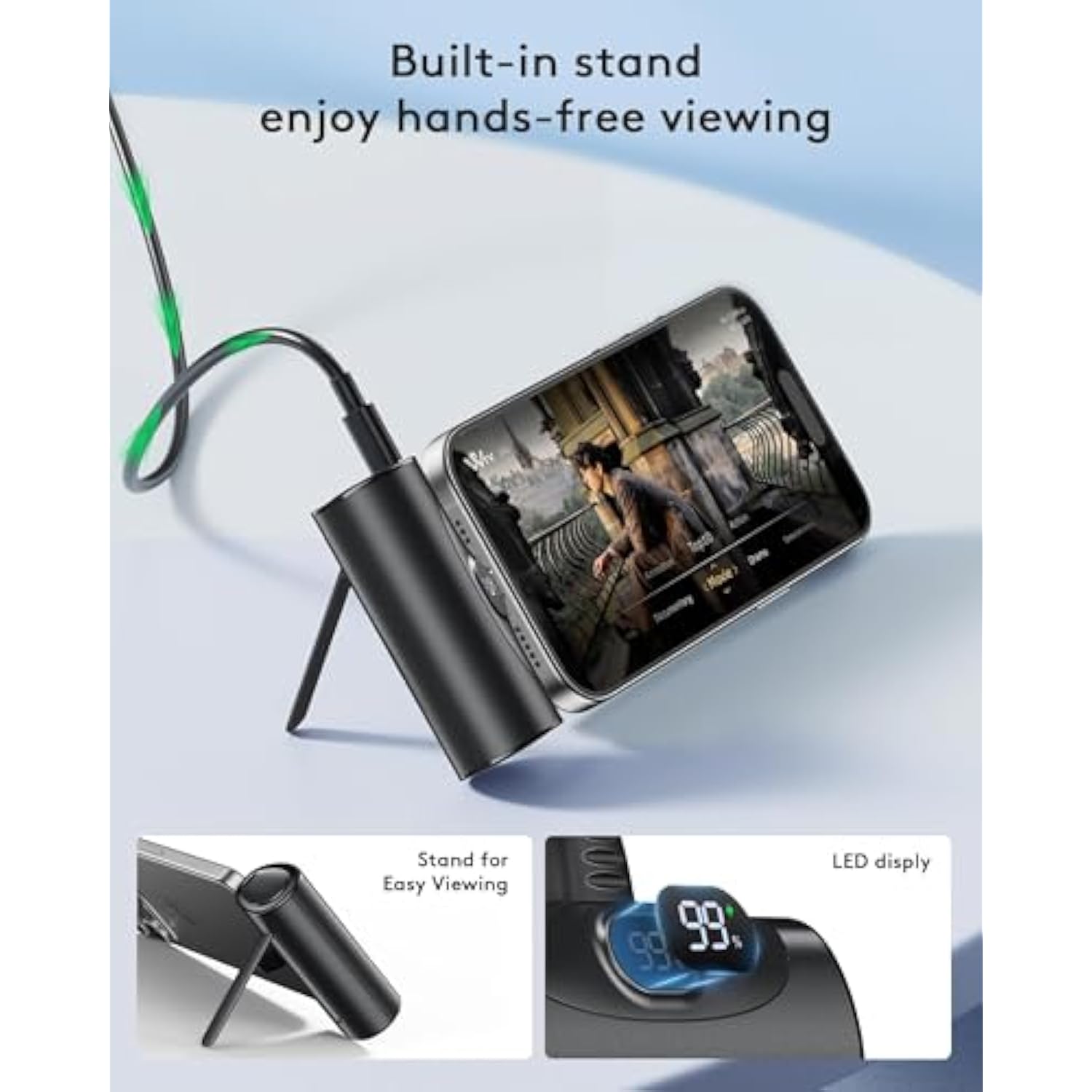 Ultra Small Portable Charger With Stand, Mini Power Bank With Usb C Connect Powerbank Fast Charging, Phone Charger Battery Pack 5000Mah Compatible With Iphone 16/15 Series And Samsung Android Etc