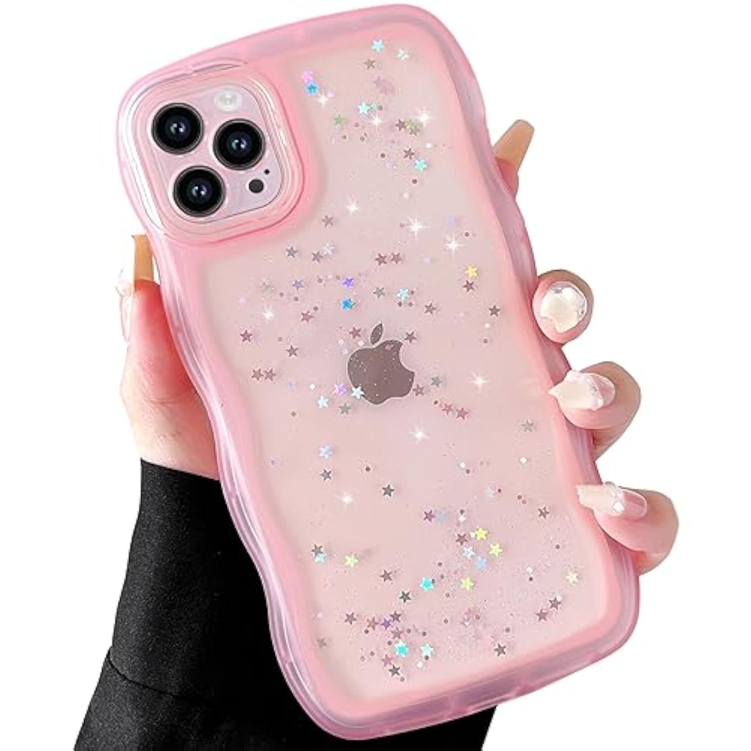 For Iphone 15 Case 6.1", Curly Wave Design Transparent Bling Glitter Star Shiny Cute Clear Transparent Shockproof Protection Soft Phone Cover For Women Girls, Pink