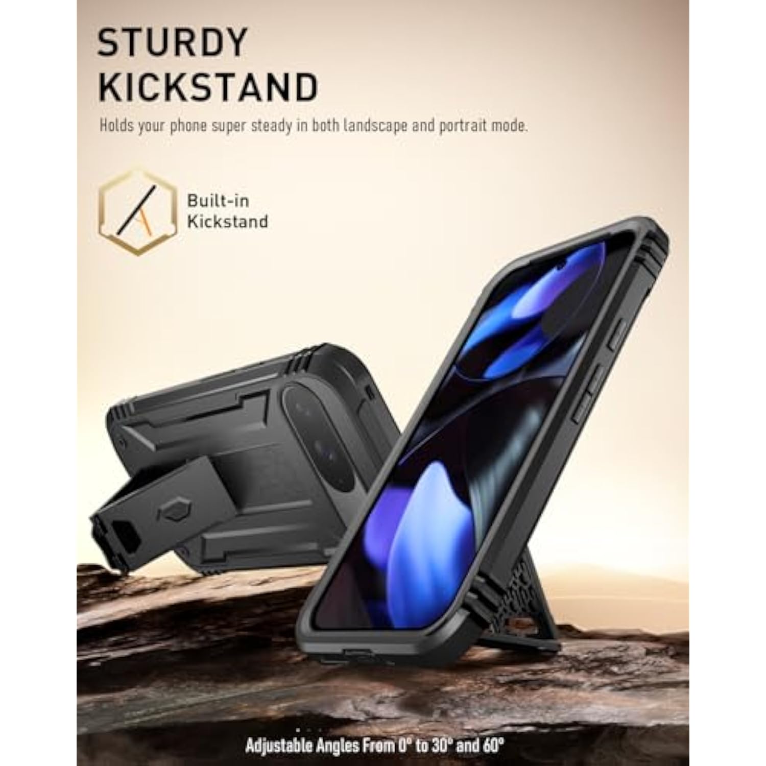 Revolution Case For Google Pixel 9/9 Pro 5G, Built-In Screen Protector Work With Fingerprint Id, Full Body Military Grade Rugged Shockproof Protective Cover Case With Kickstand, Black