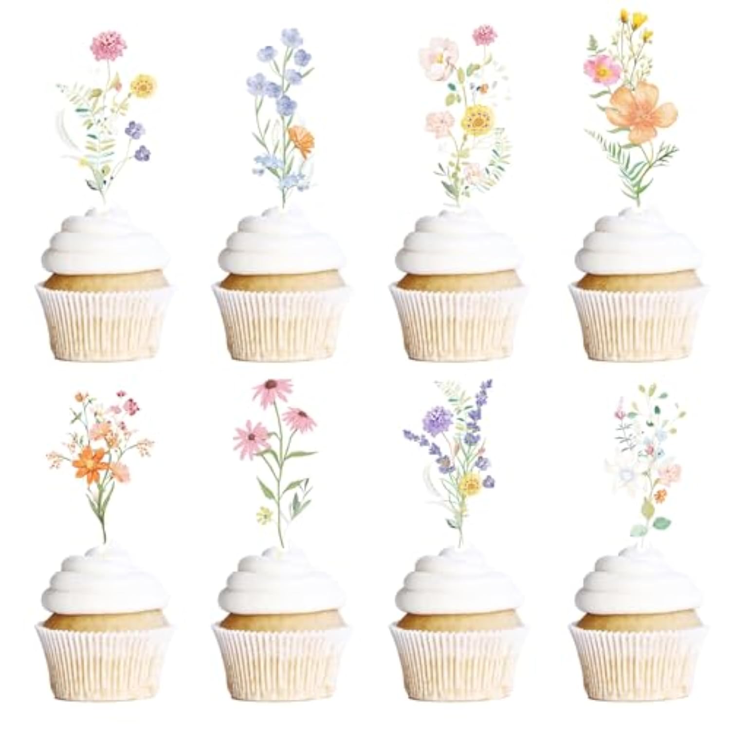 40pcs Wildflower Cupcake Toppers for Baby Shower & Birthday Cake Decorations