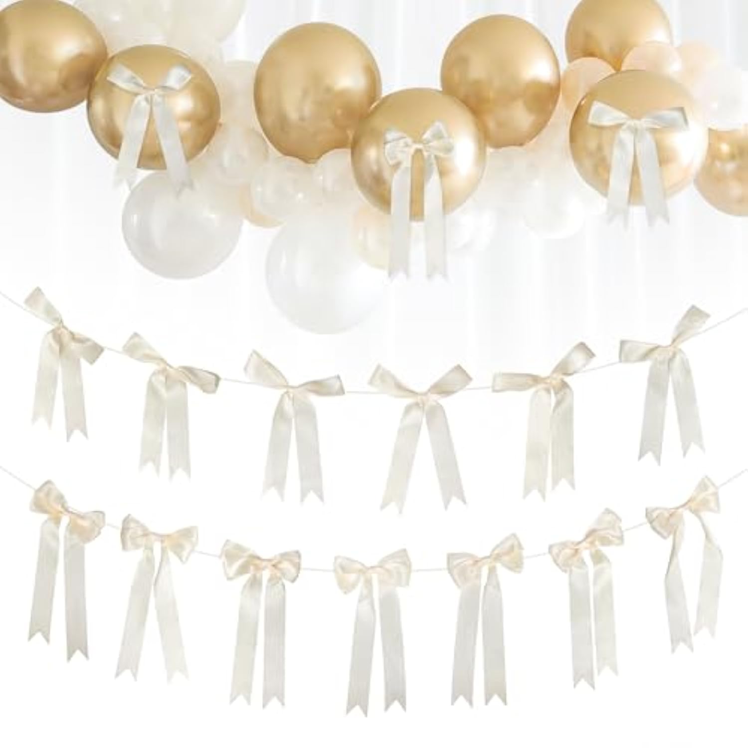 16 Pcs Ivory White Fall Bow Garland Ribbon Banner, Satin Fall Bows Mantel Fireplace Decorations For Autumn Party Thanksgiving Halloween Birthday Wedding Baby Shower Bridal Shower Bachelorette Supplies