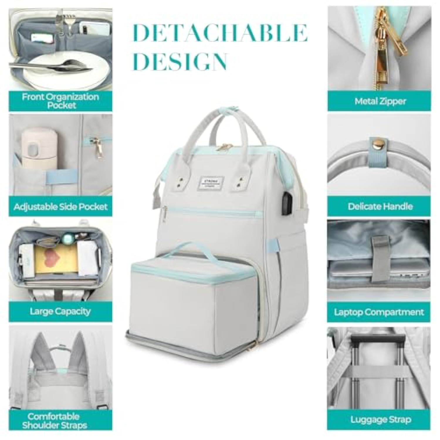 Lunch Backpack, 15.6 Inch Laptop Backpack With Usb Port, Stylish Nurse, Teacher Work Bag With Insulated Cooler Lunch Box For Women Men/Travel, Grey Blue