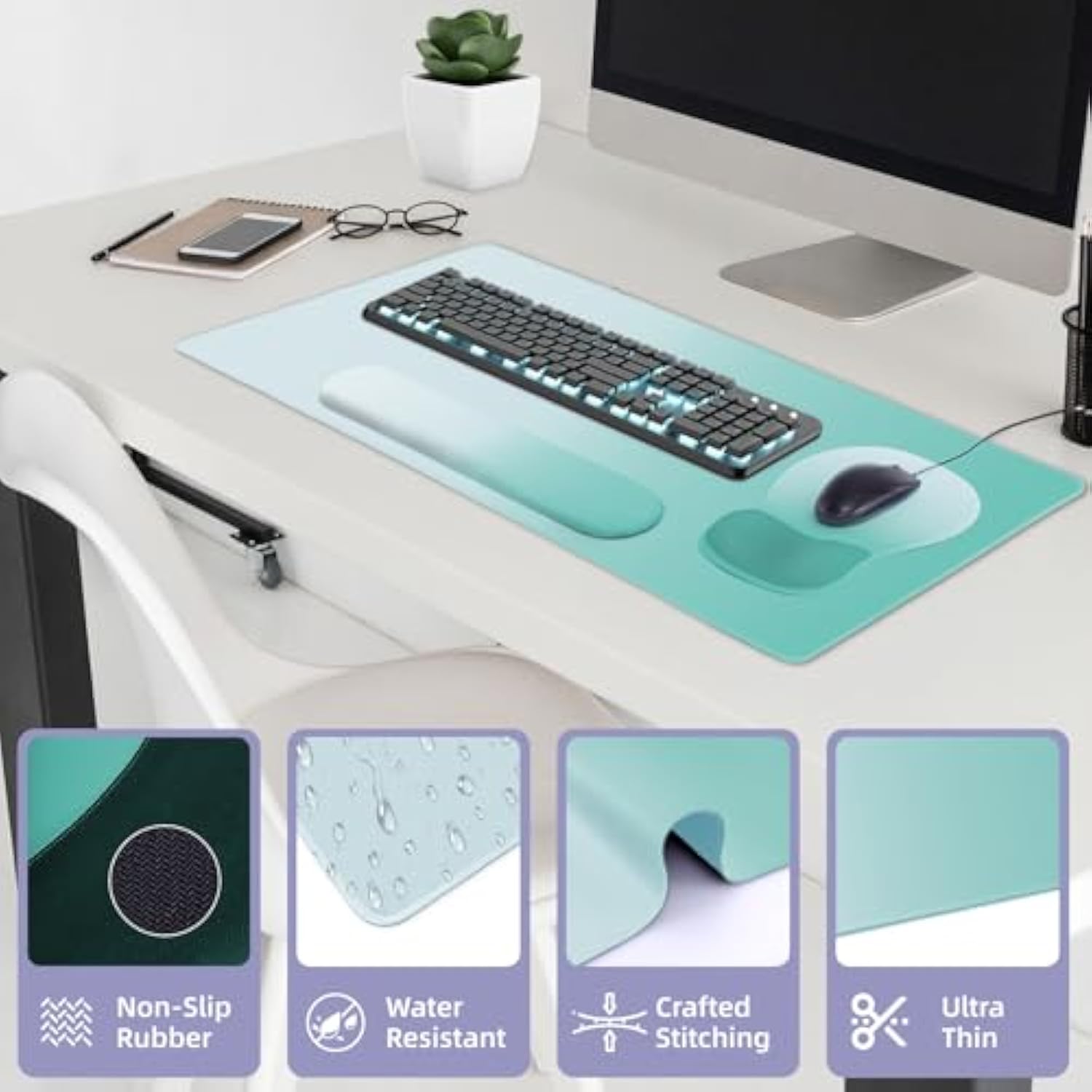 Mouse Pad Set,Desk Writing Pad With Wrist Rest, Ergonomic Wrist Support Mouse Pad, Keyboard Wrist Rest, Cup Coaster For Gaming Working Home Office (Green)