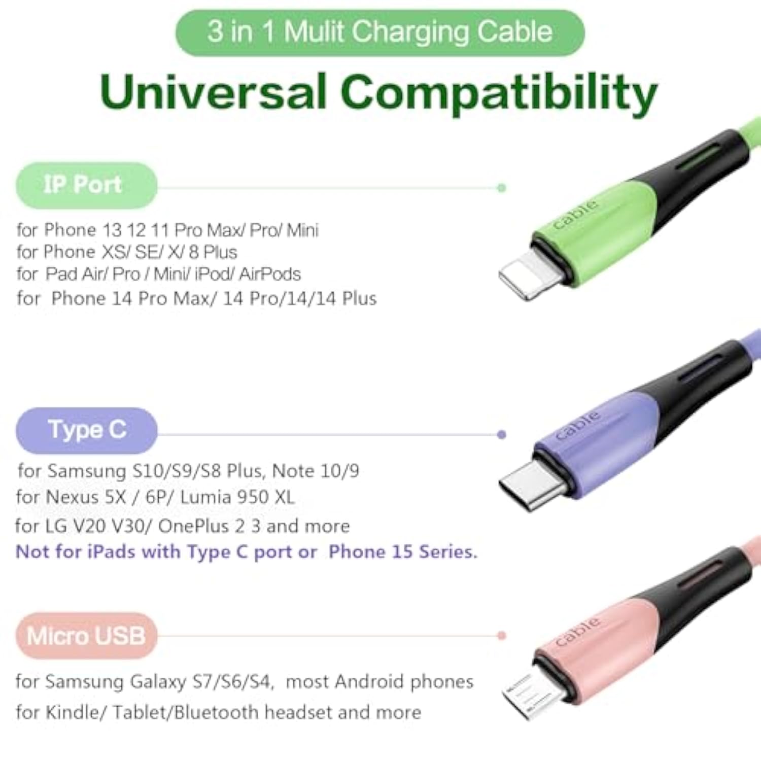 Multi Charging Cable 2Pack 5Ft, 3 In 1 5A Multiple Usb Fast Charger Cord Adapter With Ip/Usb C/Micro Usb Port Connectors, For Phone 14 13/Samsung Galaxy/Pixel/Phones/Tablets And More