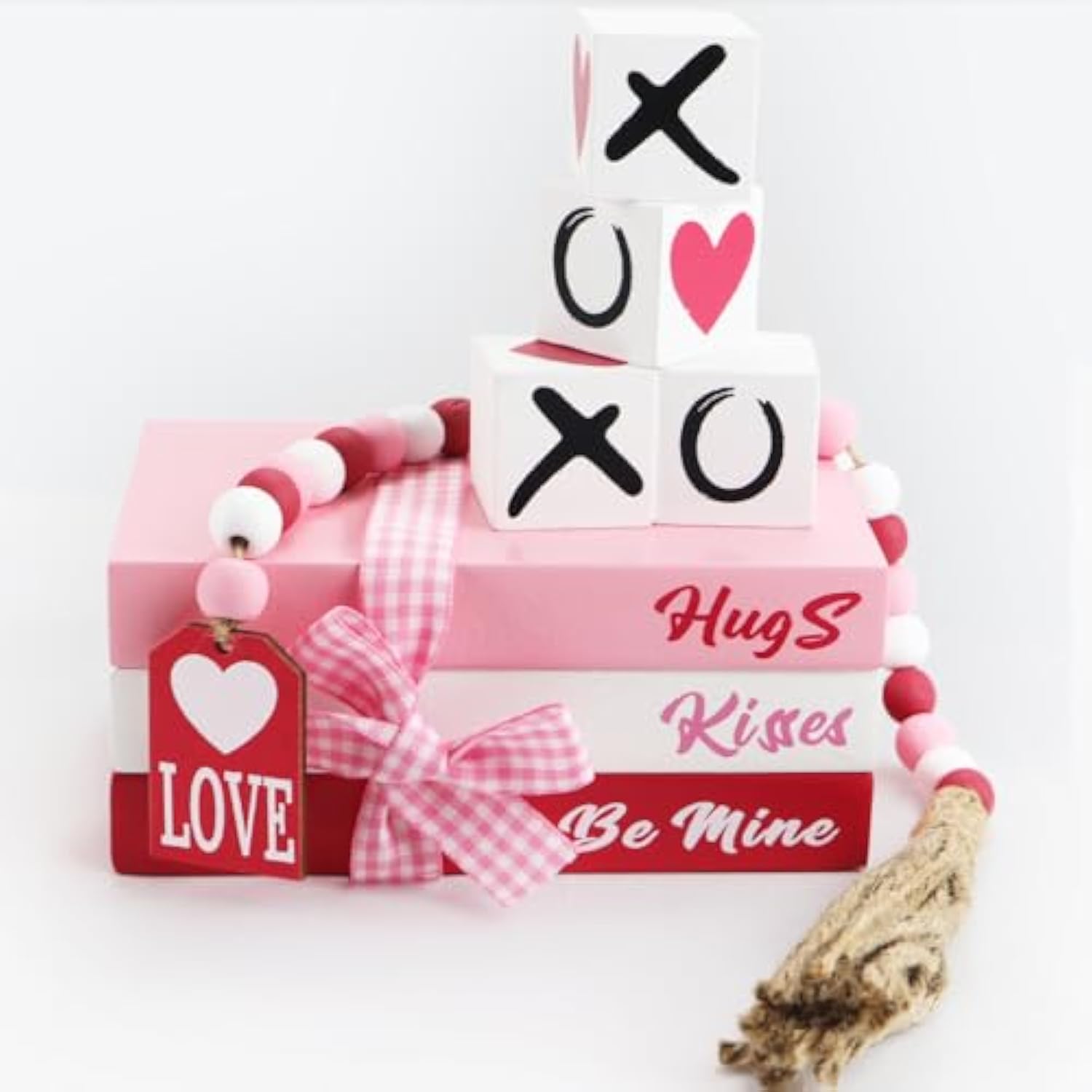 Valentines Day Decor,8 Pcs Valentines Day Tiered Tray Decor Book Stacks Wood Signs, Hug Xoxo Kiss Decorative Books Bundle, Coffee Table, Fireplace Mantel, Shelf - Farmhouse Valentine Decor Indoor
