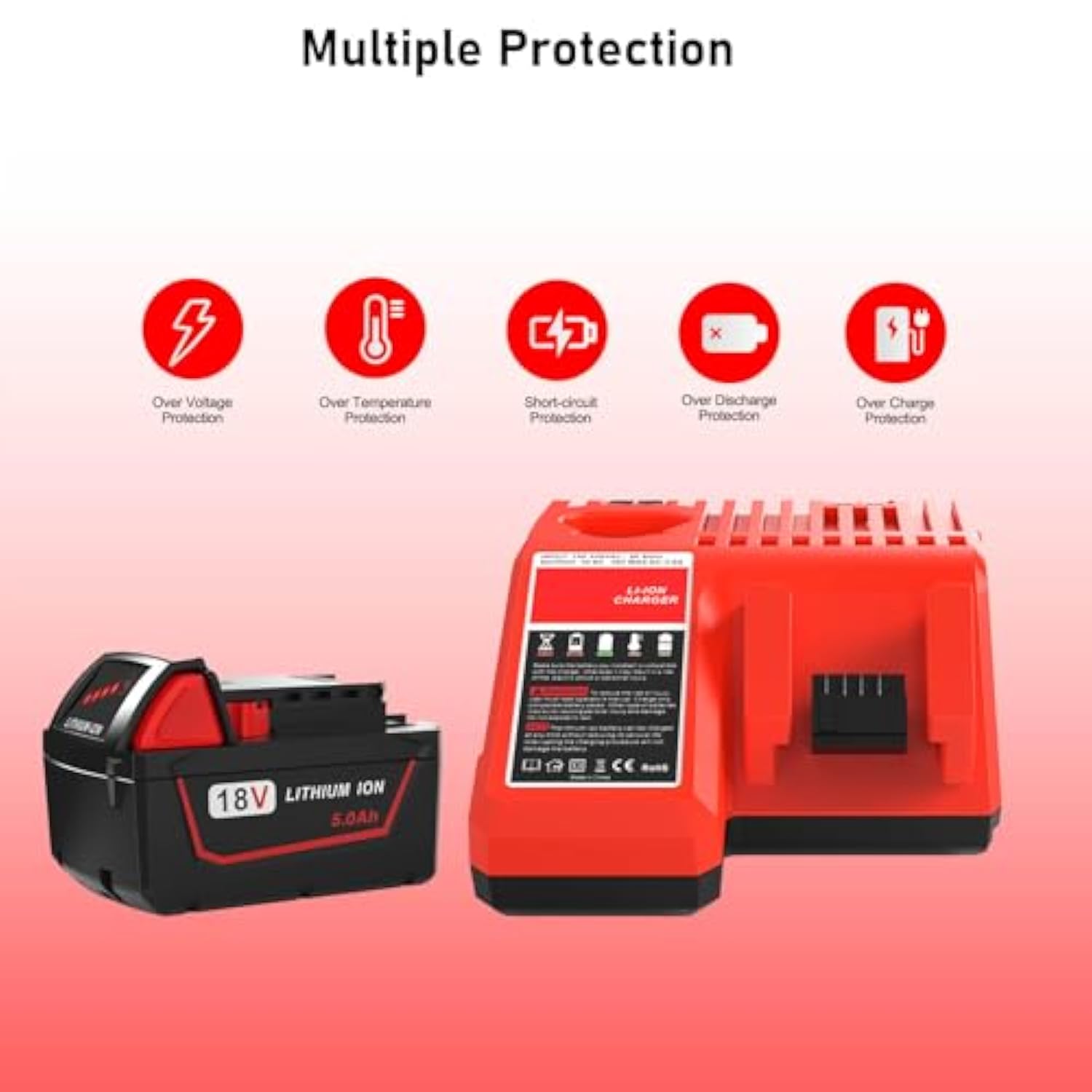 5.0Ah 18V Battery Replacement For Milwaukee M18 18V Battery And Charger Combo,Compatible With Milwaukee M18 Cordless Power Tool 48-11-1850 48-11-1860 And 48-59-1812 Charger