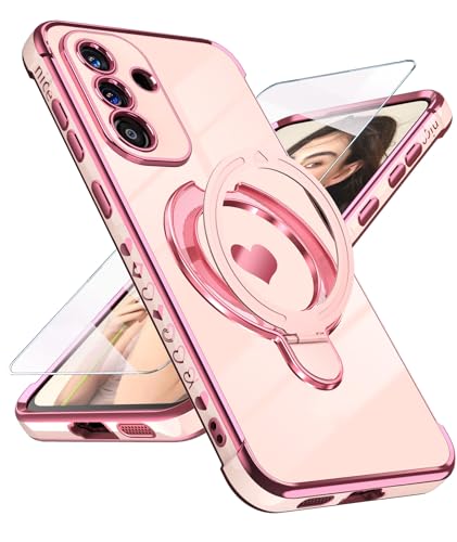 for  Galaxy S26 Cute Love Heart Kickstand Woman Girls Phone Case with Screen Protector: Luxury Plated Gold Edge Slim Soft TPU Full Camera