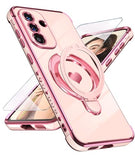 for  Galaxy S26 Cute Love Heart Kickstand Woman Girls Phone Case with Screen Protector: Luxury Plated Gold Edge Slim Soft TPU Full Camera