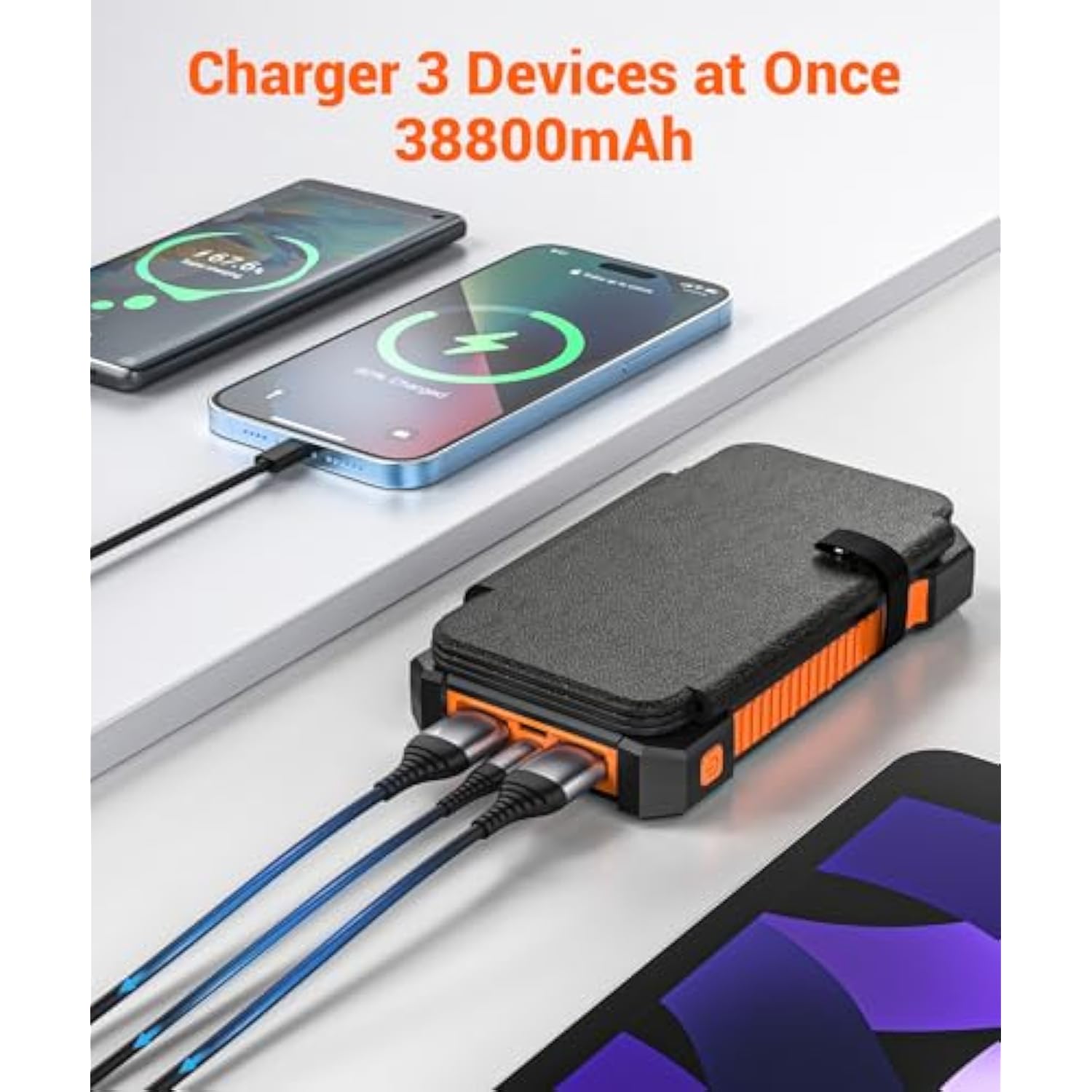 Solar Power Bank 38800Mah With 4 Solar Panels, Portable Charger Usb C 18W Fast Charge For Iphone Samsung, Ip67 Waterproof Outdoor External Battery Pack With Flashlight Light/Sos/Strobe