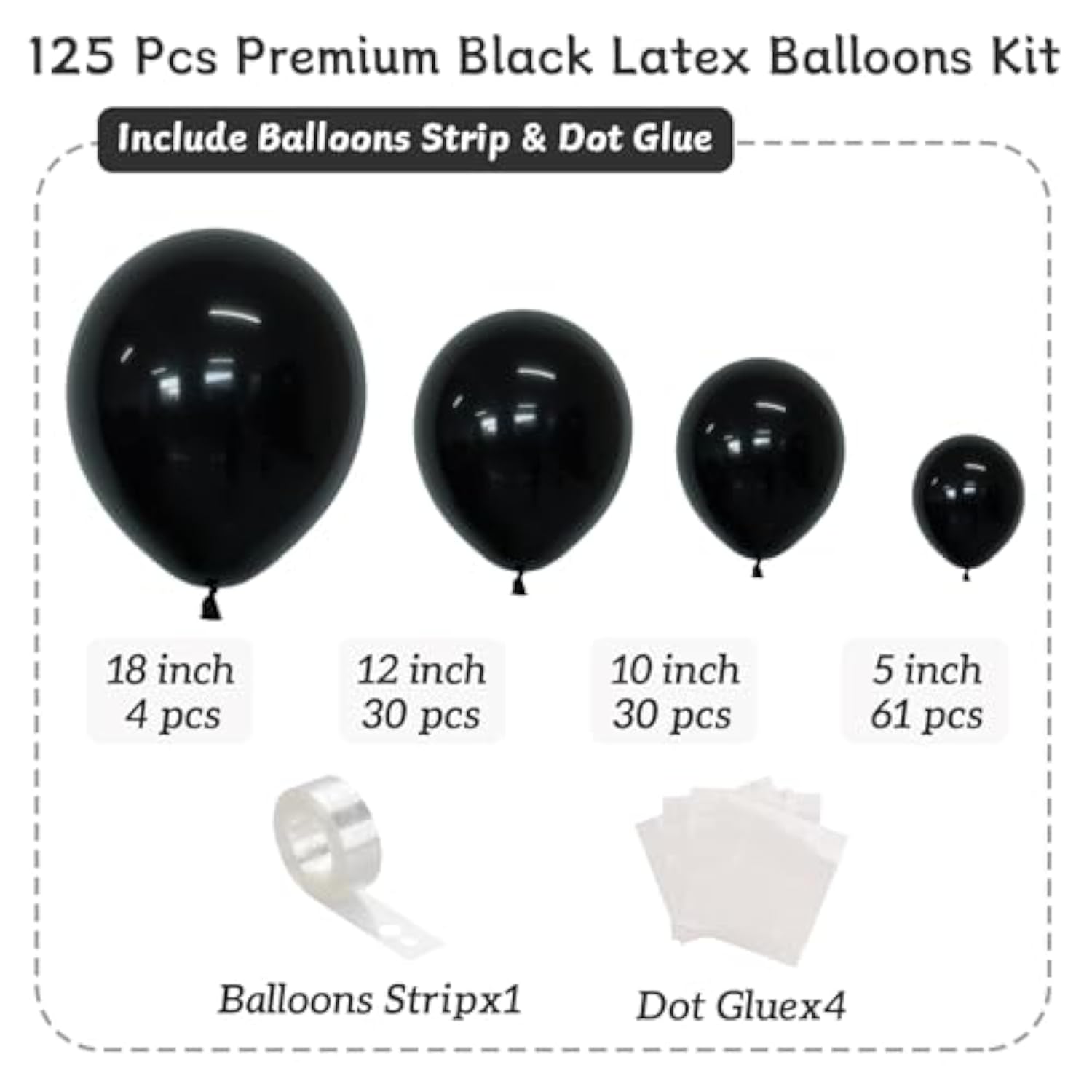 125 Pcs Black Latex Balloons Various Sizes Party Decorations
