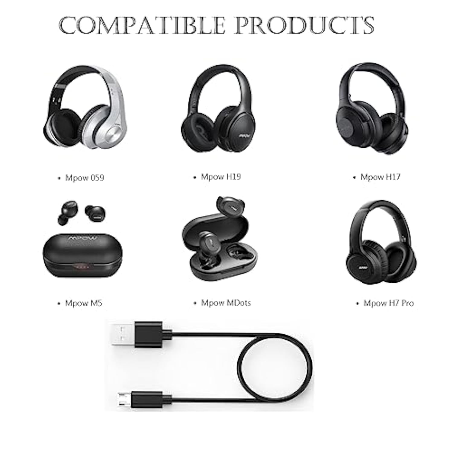 Usb Micro Mpow Headphones Charger Cable Compatible For Mpow 059, M5, H19 Ipo, H17, H7 Pro, H7, H12, Mdots, Jaws Over Ear Hi-Fi Headphones Micro Usb Charging Cord Power Cable(5Ft)