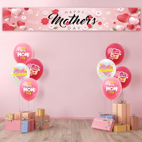 Happy Mother's Day Banner Decorations Set Large Mothers Day Banner with 18Pcs Best Mom Ever Balloons for Mothers Days Indoor Outdoor Welcome Home Yard Fence Sign Party Supplies Decorations
