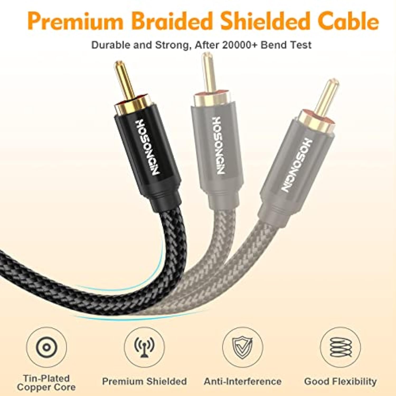 Rca Y Splitter 1 Male To 2 Male Audio Cable 2 Pack, Black Cotton Braided Jacke