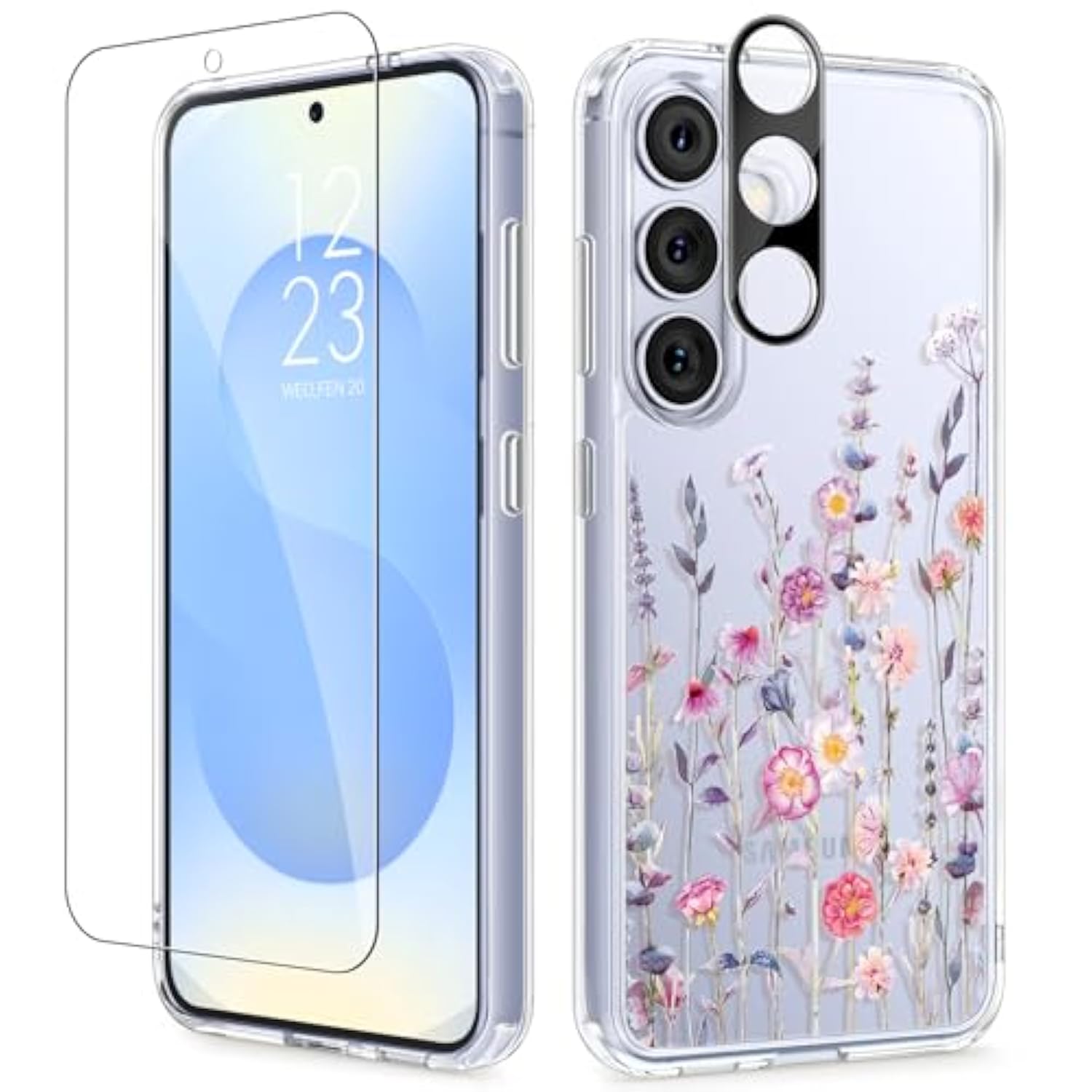 Samsung Galaxy S25 Plus Case with Screen & Camera Protector, Clear Floral Shockproof