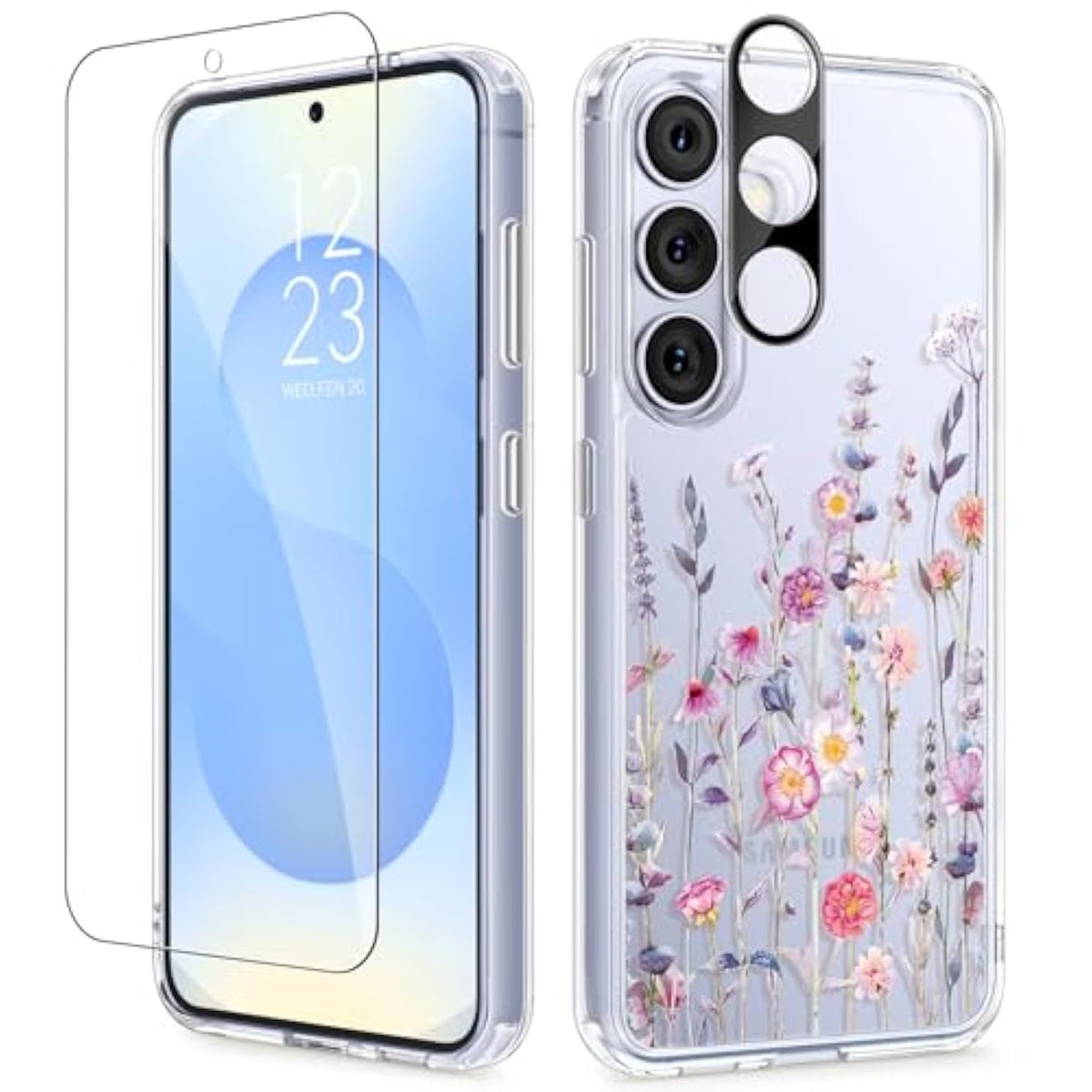 Samsung Galaxy S25 Plus Case with Screen & Camera Protector, Clear Floral Shockproof
