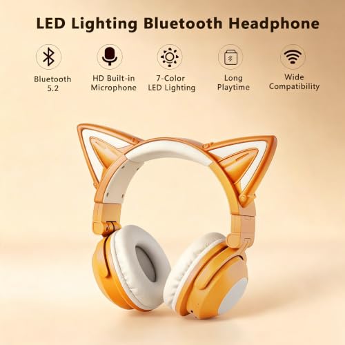 Bluetooth Cat Ear Headphones for Kids & Adults,Cute Headphones,Foldable LED Wireless Headset with Built-in Mic,Over Ear Wired Headphones Compatible