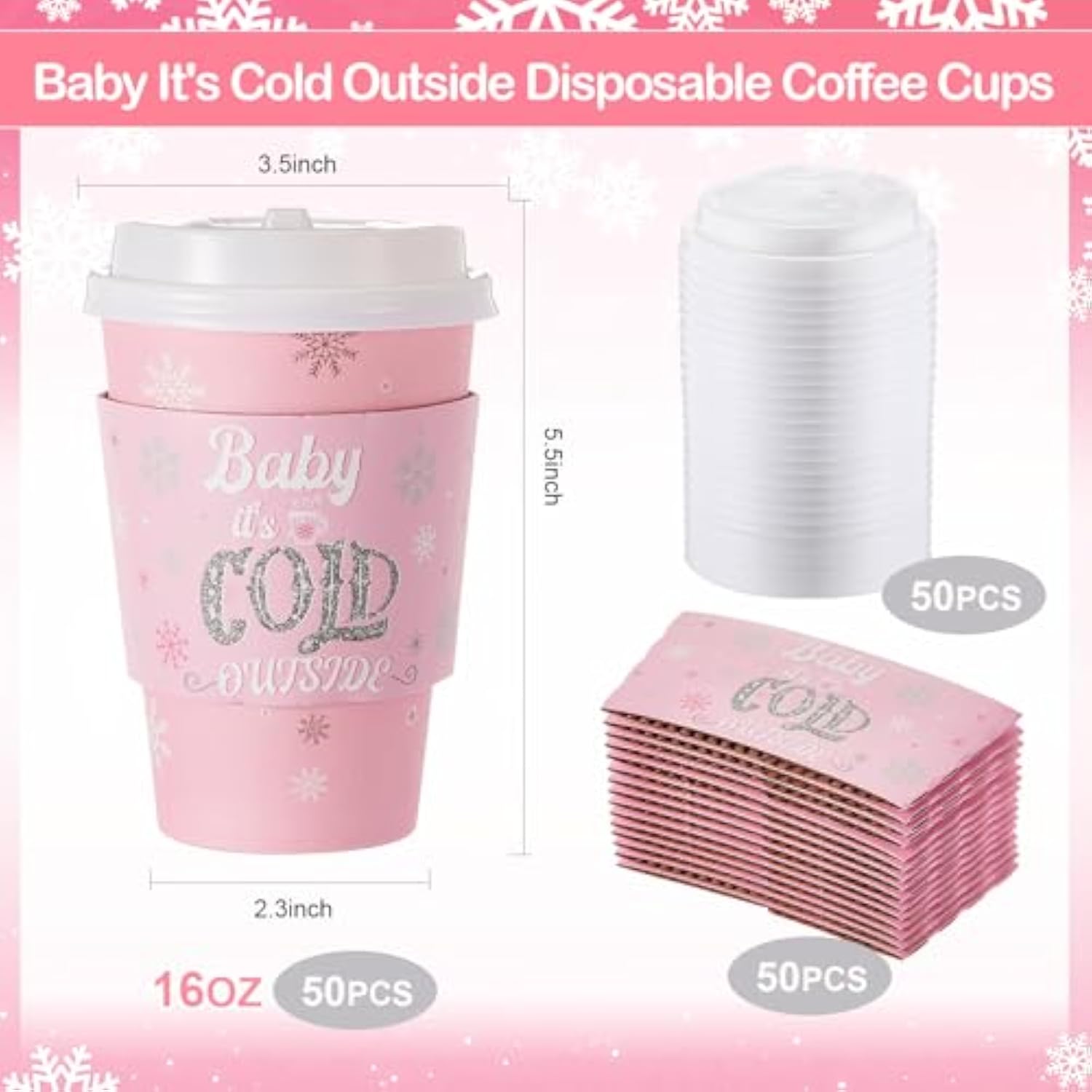 50 Sets 16 Oz Winter Baby Shower Party Coffee Cup Sets, Baby It'S Cold Outside Snowflake Hot Cocoa Bar Paper Cups With Lids, Sleeves Stirrers For Christmas Birthday Decoration(Pink And White)