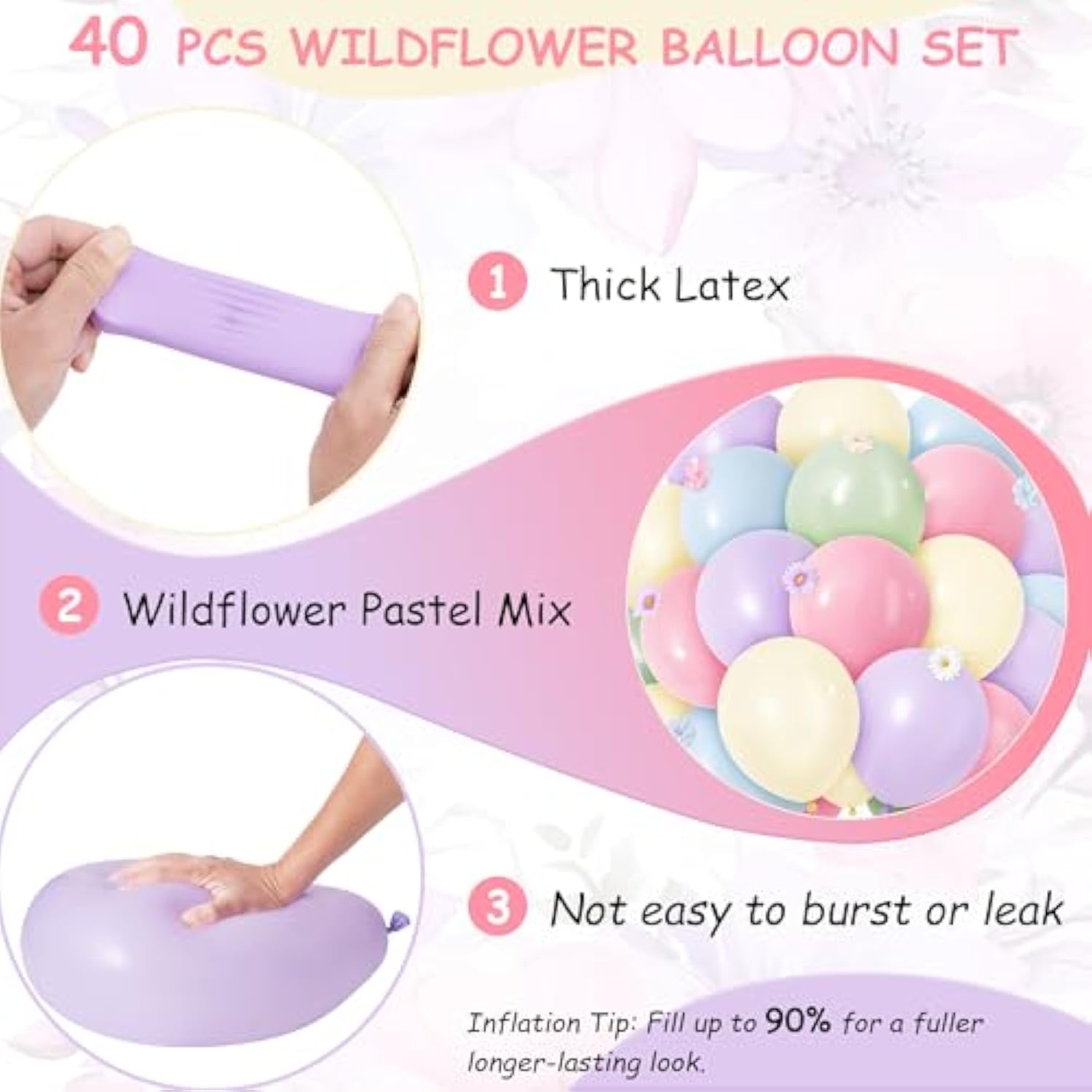 40 Pcs Wildflower Balloons, 12" Pastel Pink Purple Latex Flower Balloons For Wildflower Birthday Party Decorations, Spring Baby In Bloom Baby Shower, Bridal Shower, And 1St Birthday Decor