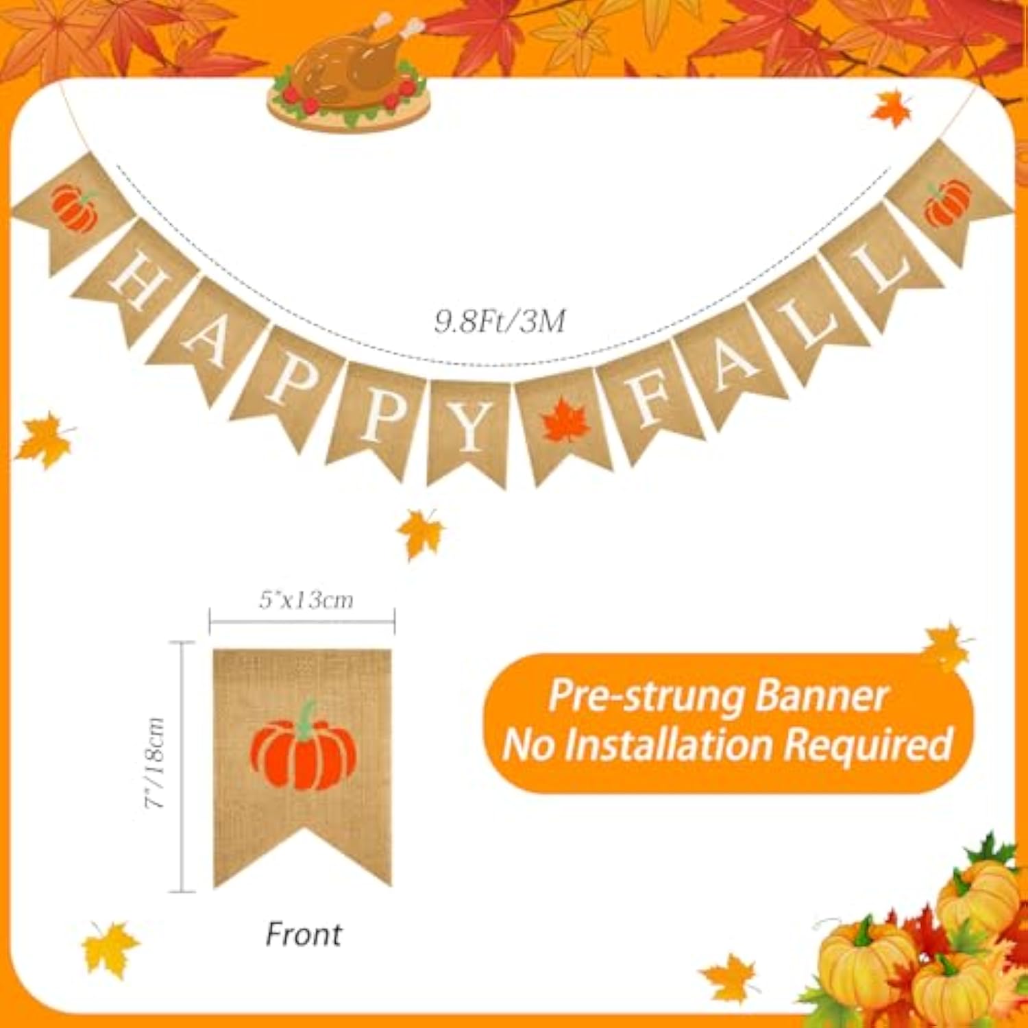 Happy Fall Burlap Banner - Prestrung Fall Banners, Happy Fall Banner, Thanksgiving & Harvest Home Decor, Pumpkin Maple Leaf Garland For Indoor Fireplace Wall Porch And Outdoor Party Decor
