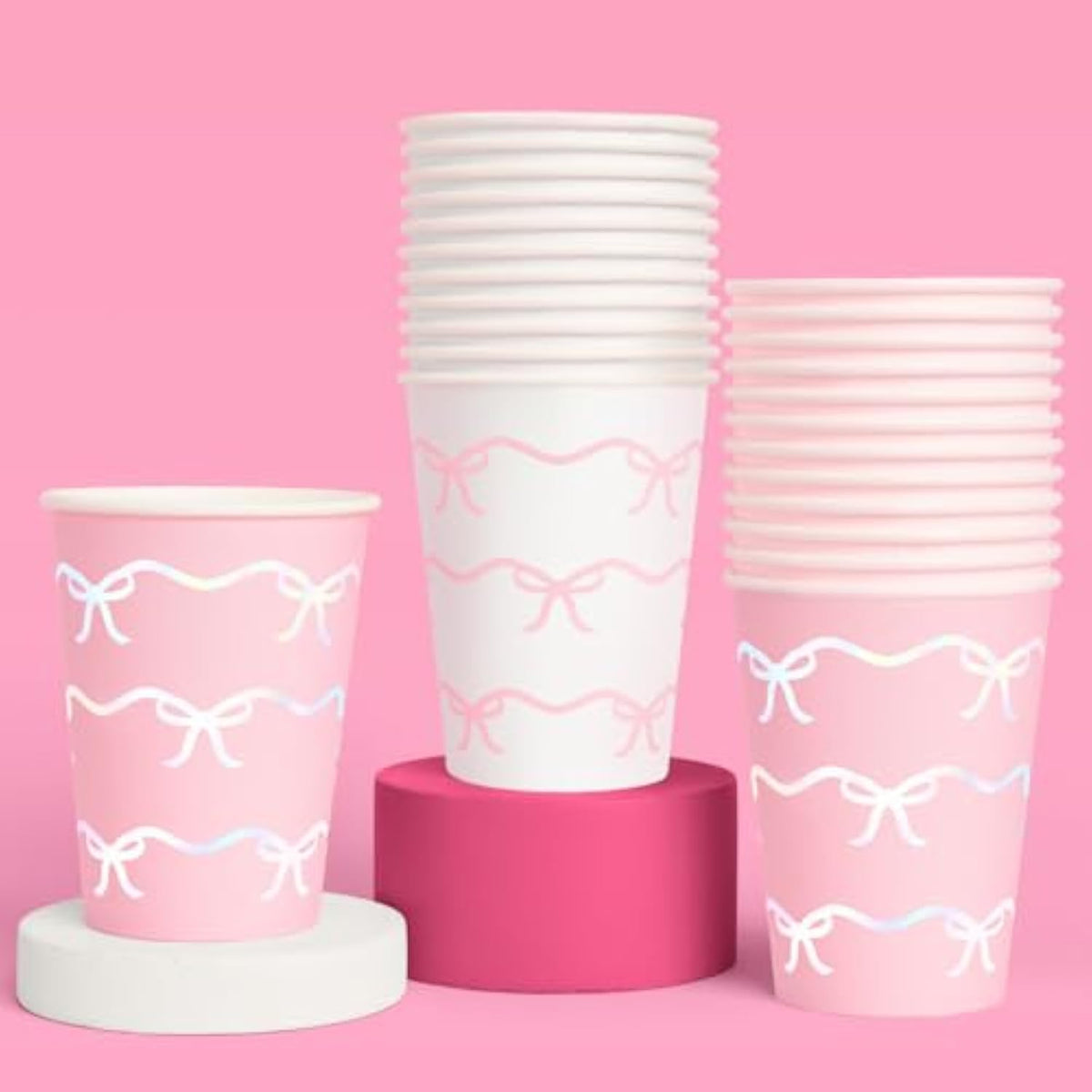 Pink Bow Paper Cups - 24 Disposable 14 Oz | Pastel Birthday Decorations, Tying The Knot Bridal, Girls Baby Shower, Tea Party Bachelorette, Coquette Decor