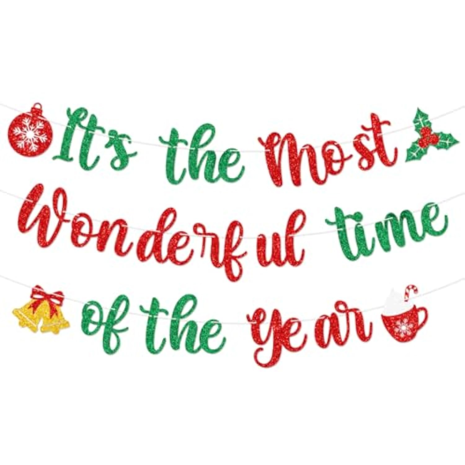It'S The Most Wonderful Time Of The Year Banner,Glitter Pre-Strung Merry Christmas Banner With Christmas Bell Holly Berries Hot Cocoa Coffee Cup Sign For Winter Party,Happy Holidays Decorations