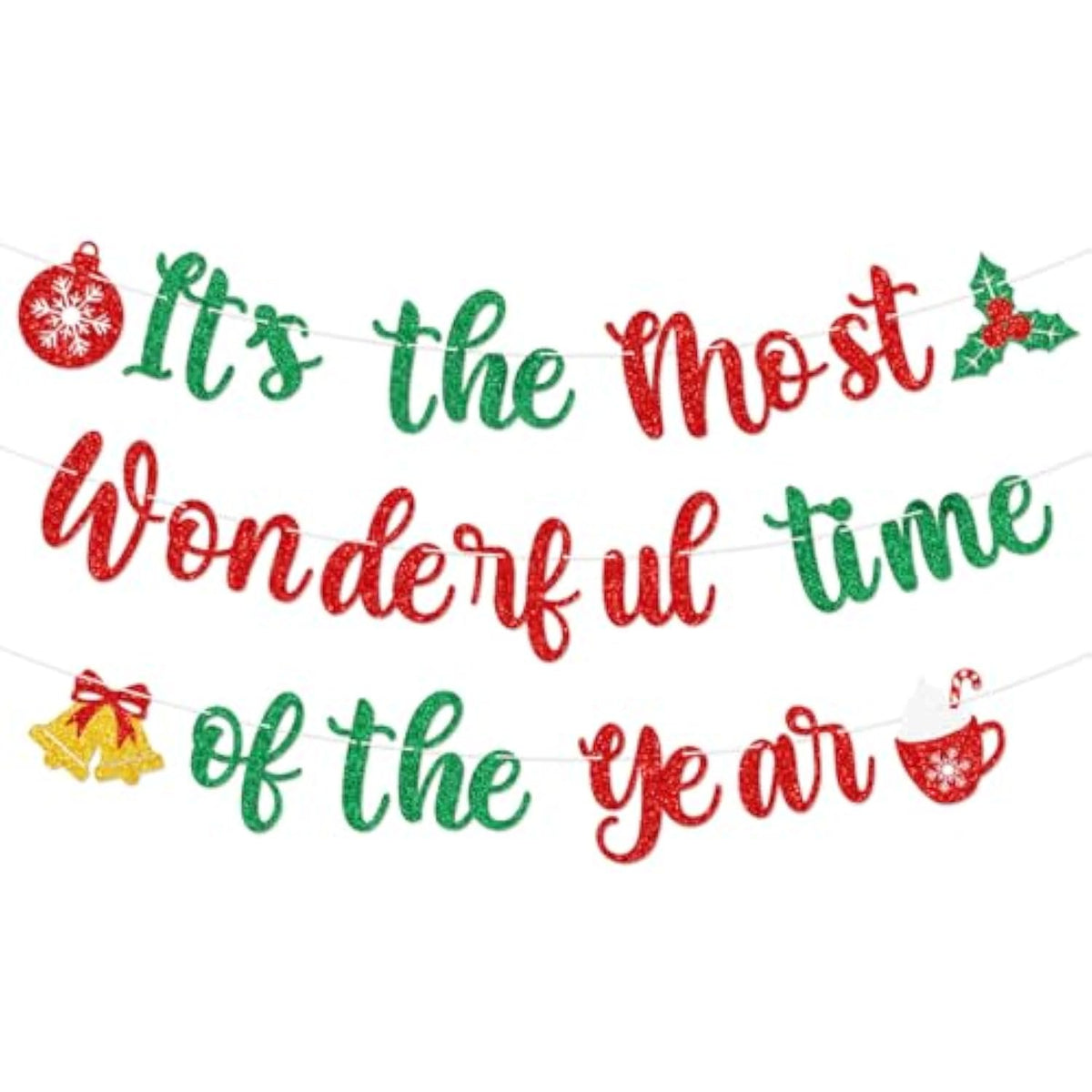 It'S The Most Wonderful Time Of The Year Banner,Glitter Pre-Strung Merry Christmas Banner With Christmas Bell Holly Berries Hot Cocoa Coffee Cup Sign For Winter Party,Happy Holidays Decorations