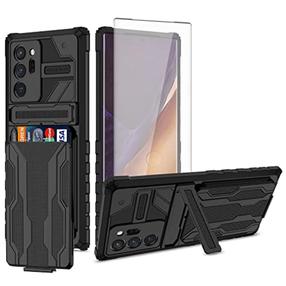 Samsung Galaxy Note 20 Ultra 5G Phone Case with Tempered Glass Screen Protector and Card Holder Stand