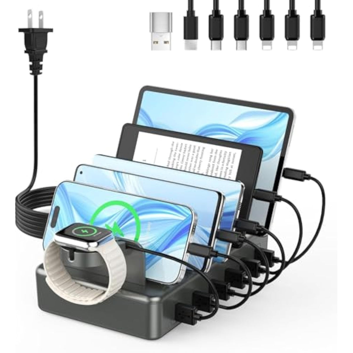 50W Fast Charging Station, 6 Port Apple Charging Station For Multiple Devices Compatible With Iphone,Ipad, Tablet,Kindle Ect,With 6 Short Cables And Apple Watch Holder?Space Gray?